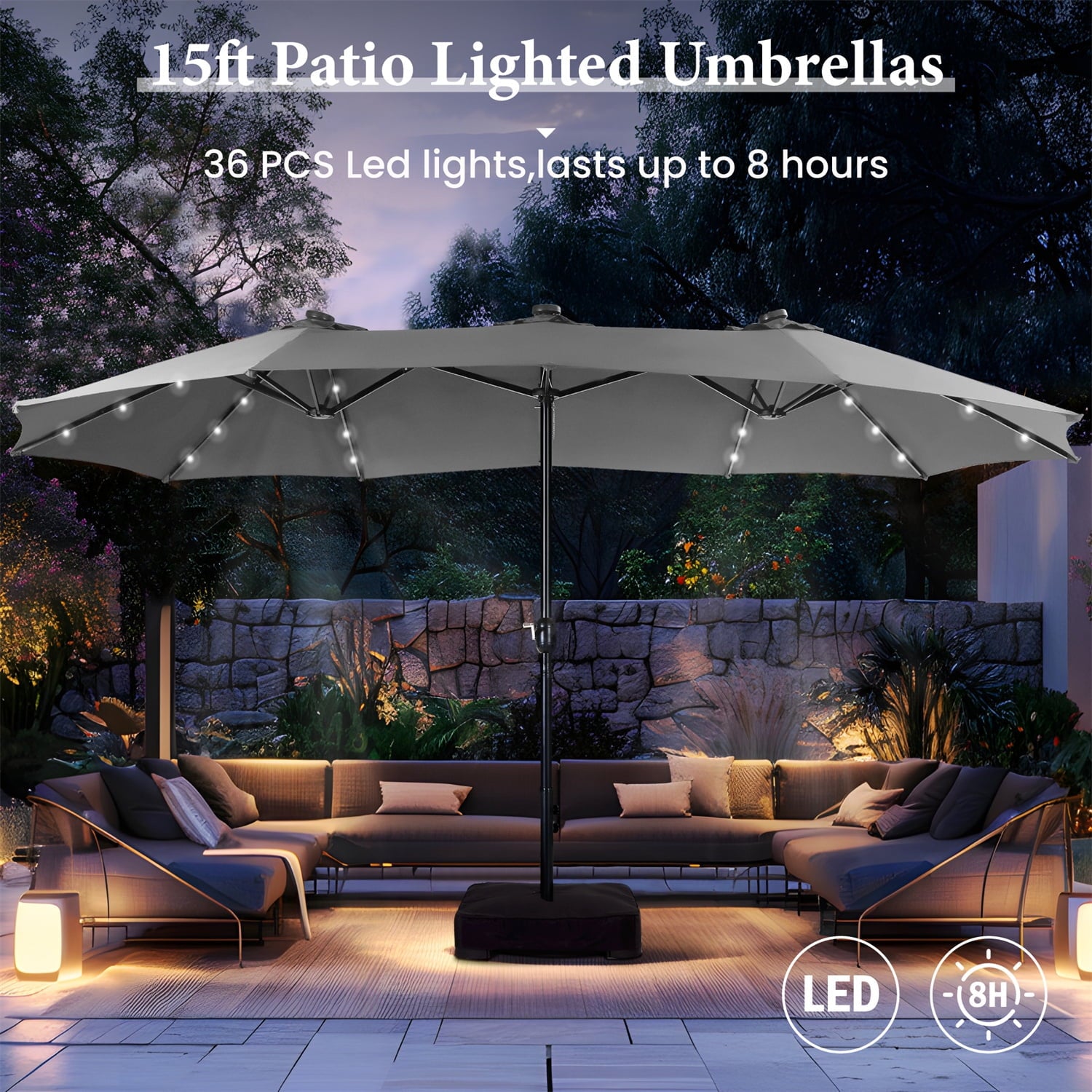 SUMMIT LIVING 15 FT Double-Sided Solar Patio Umbrella with Base Large Outdoor Umbrella with LED Solar Lights - Haze Blue