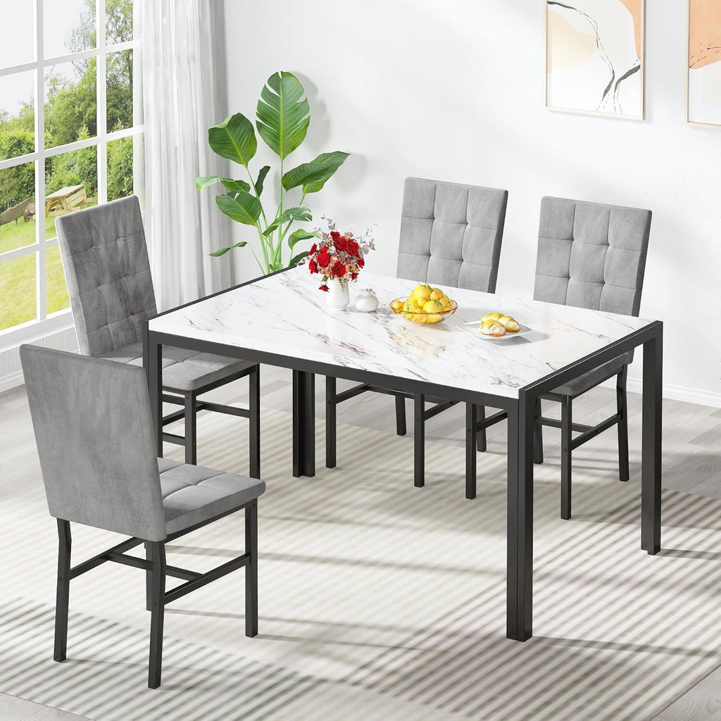MOOSENG 5-Piece Dining Table Set with Faux Marble Top, Modern Kitchen Table and Set of 4 Grey Velvet Upholstered Chairs, Space-Saving Dinette Set for Small Spaces