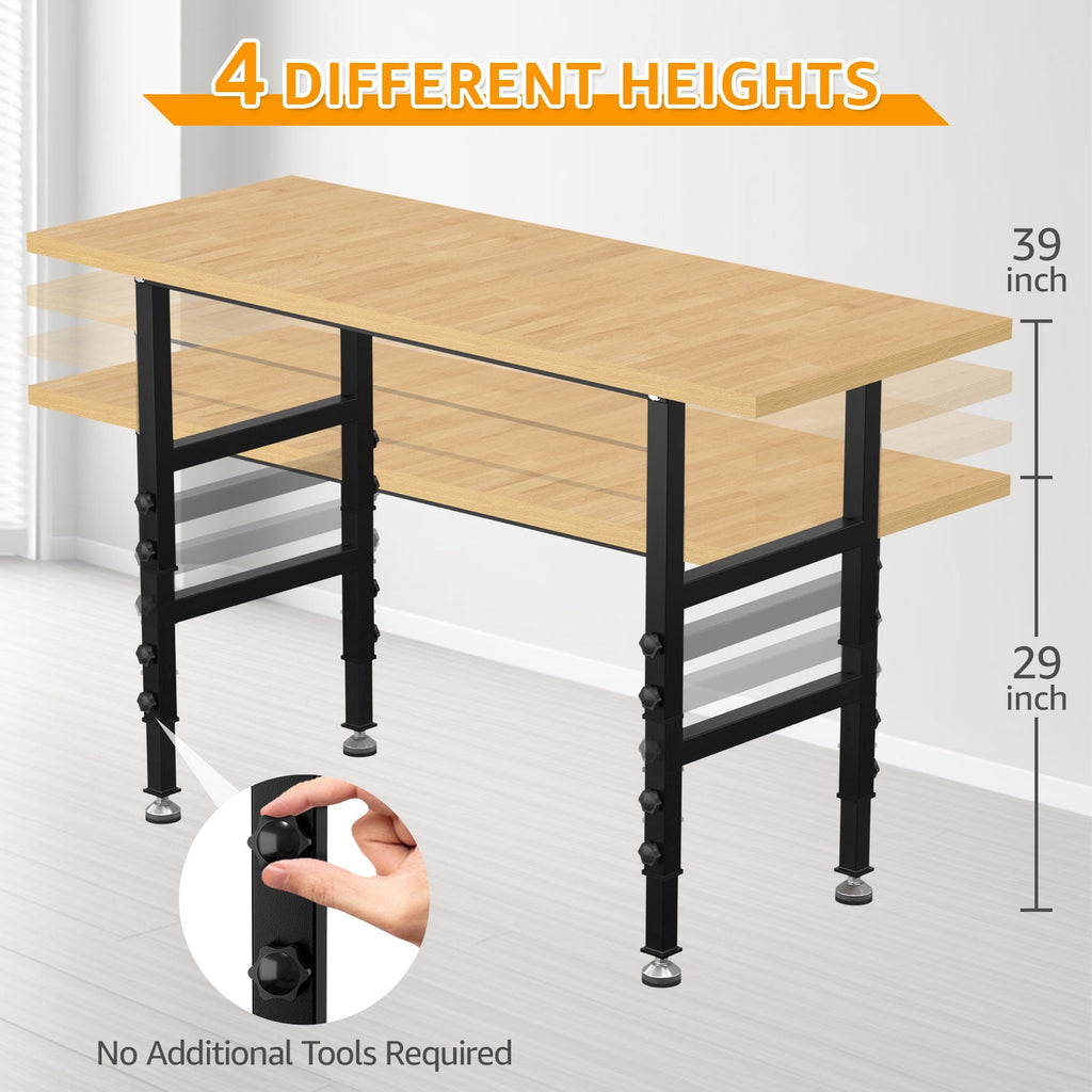 60 Adjustable Workbench,Heavy-Duty Work Table,3000 LBS Load Capacity Hardwood Workstation Outlets with Power strips and Wheels,for Workshop, Garage