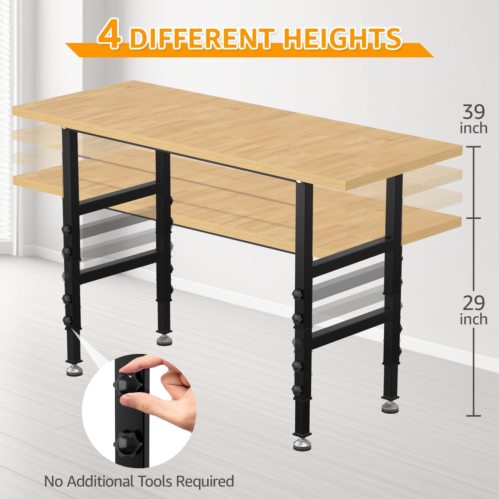 60 Adjustable Workbench,Heavy-Duty Work Table,3000 LBS Load Capacity Hardwood Workstation Outlets with Power strips and Wheels,for Workshop, Garage