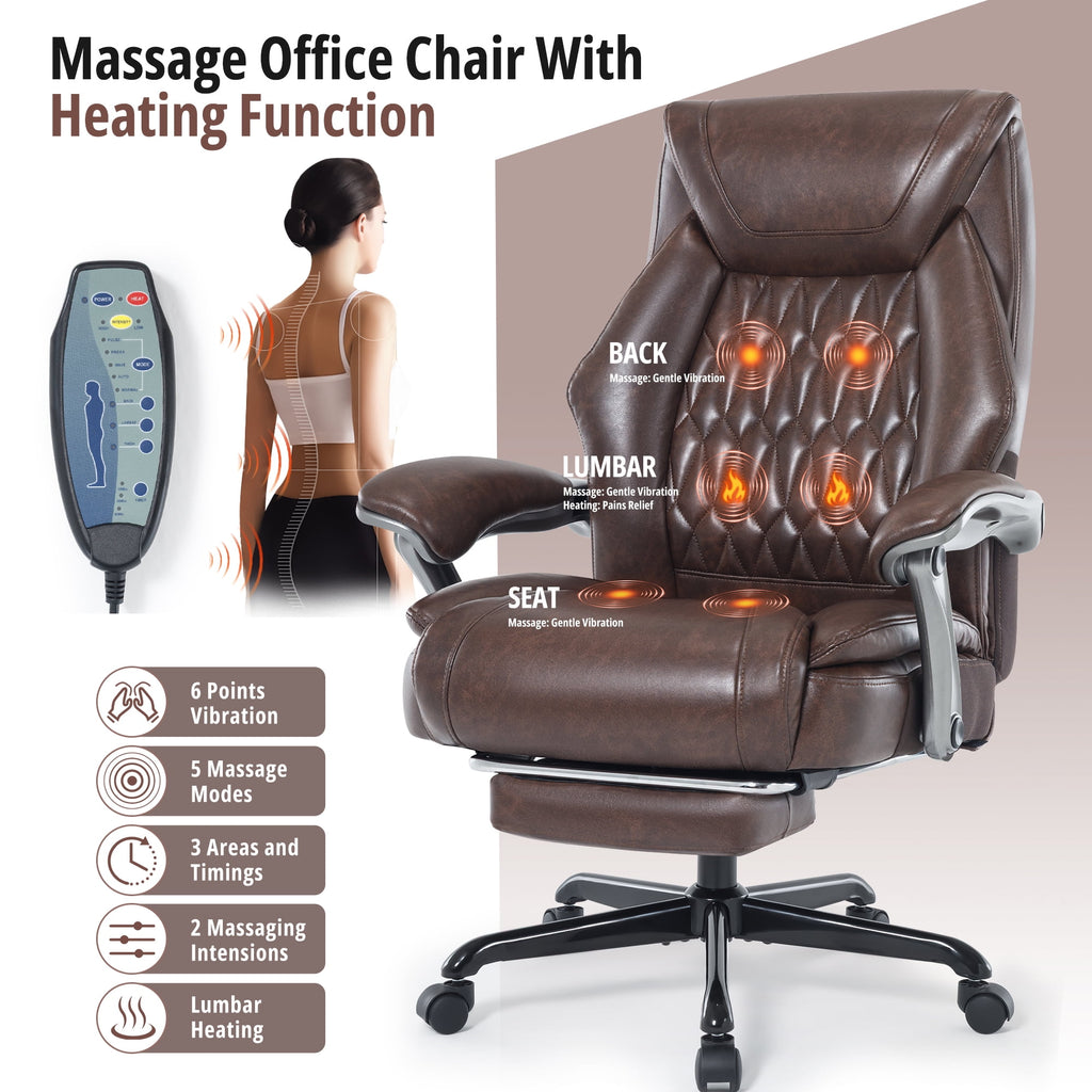 Heated Massage Office Chair with 6 Points Vibration, Reclining Ergonomic Desk Chair with Footrest for Extra Comfort, PU Leather High Back Executive Computer Chair, Thick Padded Massage Chair