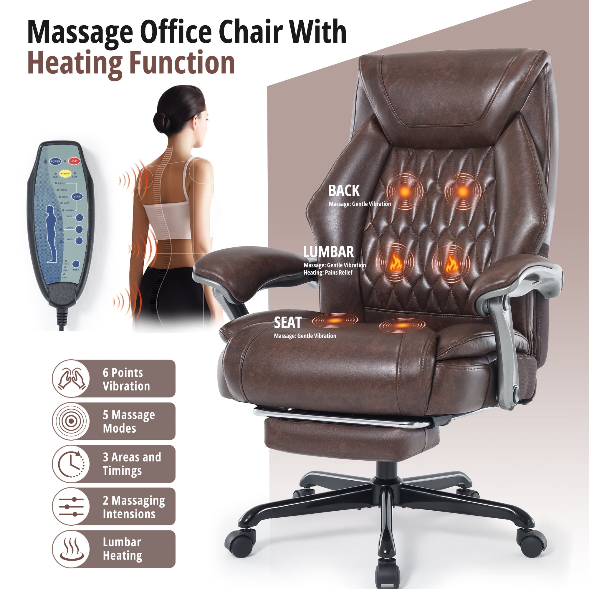 Heated Massage Office Chair with 6 Points Vibration, Reclining Ergonomic Desk Chair with Footrest for Extra Comfort, PU Leather High Back Executive Computer Chair, Thick Padded Massage Chair