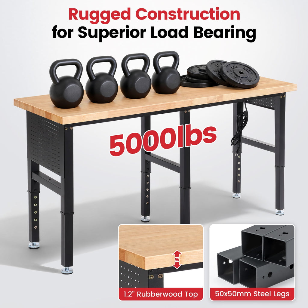 Workbench for Garage,ENJOYWOOD Heavy Duty 84 inch Wood Work Bench with Power Outlets and Peoboards,Rubber Wood Tabletop,5000 LBS Load Bearing Workstation Garage Desk Work Table