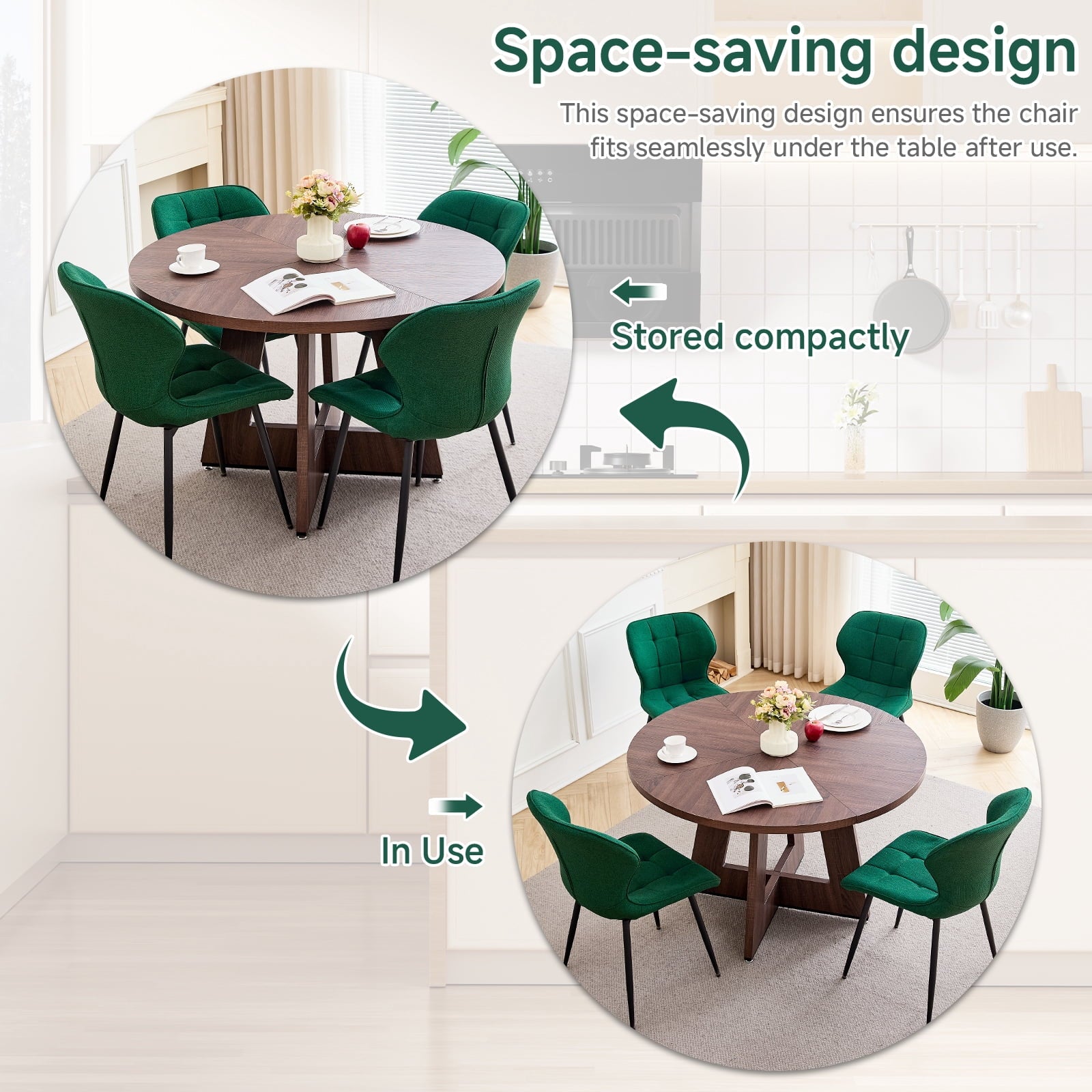 47 Round Dining Table Set for 4 Mid-Century Modern Kitchen Table with 4 Upholstered Chairs Kitchen Coffee Set Dining Table and Chairs for Living Room(Natural Table with 4 Beige Chairs)