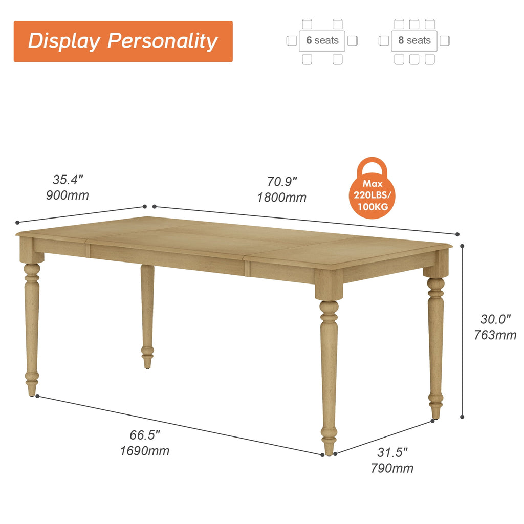 Dining Table for 6–8, Rectangular Table with Solid Wood Legs for Kitchen & Dining Room, 70 Inch, Oak