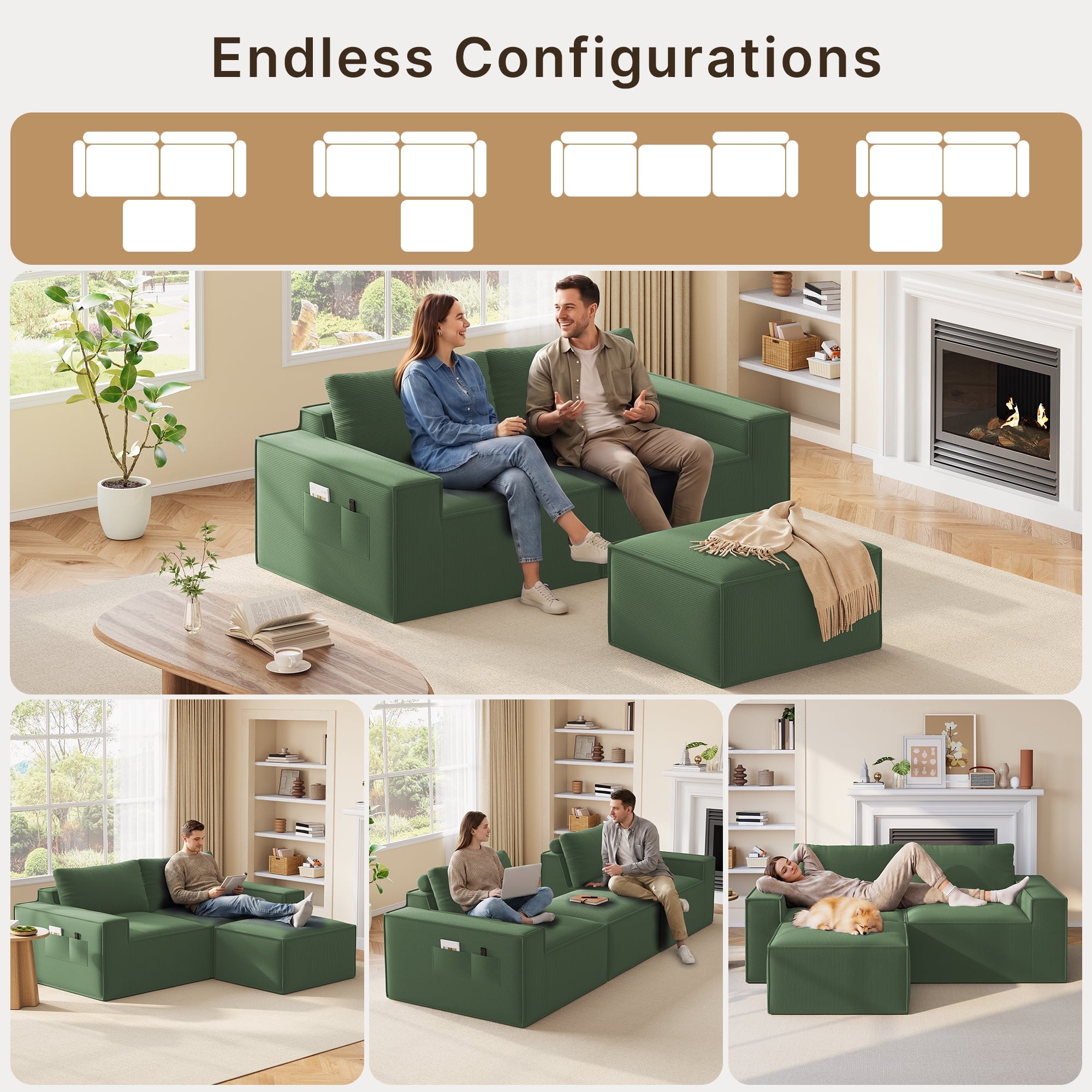 Comfortable Sofa Couch, Lofka L Shaped Foam Couch for Office, Living Room, Green