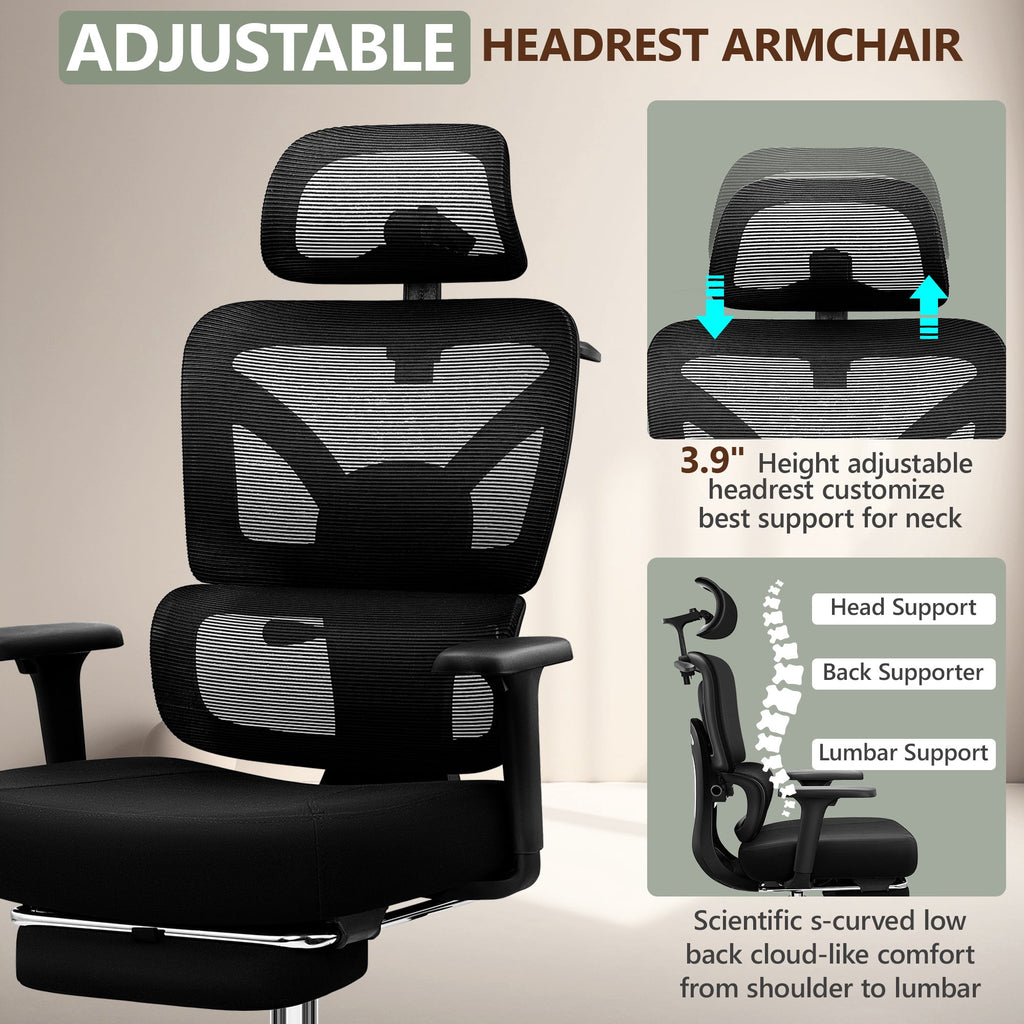 COOLHUT Ergonomic Mesh Office Chair with Footrest, Big and Tall Computer Desk Chair with Adjustable Lumbar Support, Headrest and Armrest, High Back Home Office Chair for Workspace, 300LBS, Black