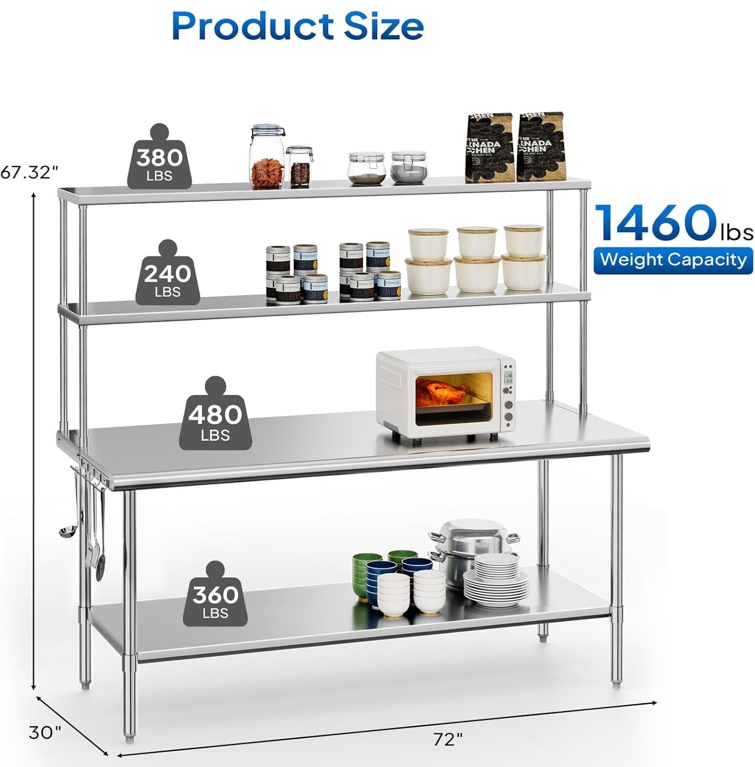 Ktaxon 72 x 30 Stainless Steel Workbench with Overshelves, NSF Commercial Heavy Duty Work Table with Adjustable Undershelf & Detachable Hooks