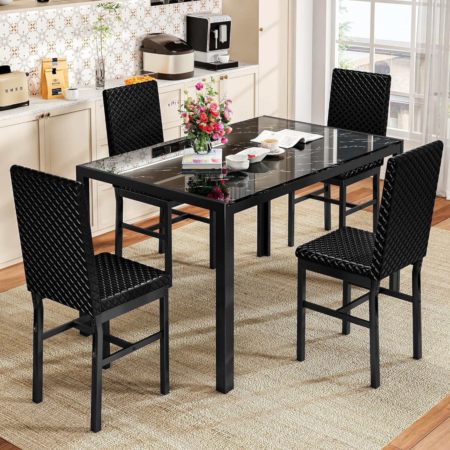 Baxluxe Dining Table Set for 4, Modern 5 Piece Dining Table Set, Faux Marble Kitchen Table and 4 Velvet Upholstered Chairs for Apartments, Dining Rooms, Small Spaces, Gray