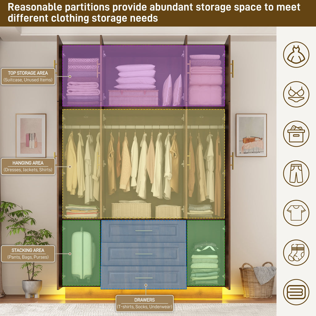ChVans 3 Door Armoire Wardrobe Closet with Top Cabinet and Mirror, 94.5'' LED Wardrobe Armoire with 3 Drawers, Hanging Rod & Multi-Layer Shelves for Bedroom, Black