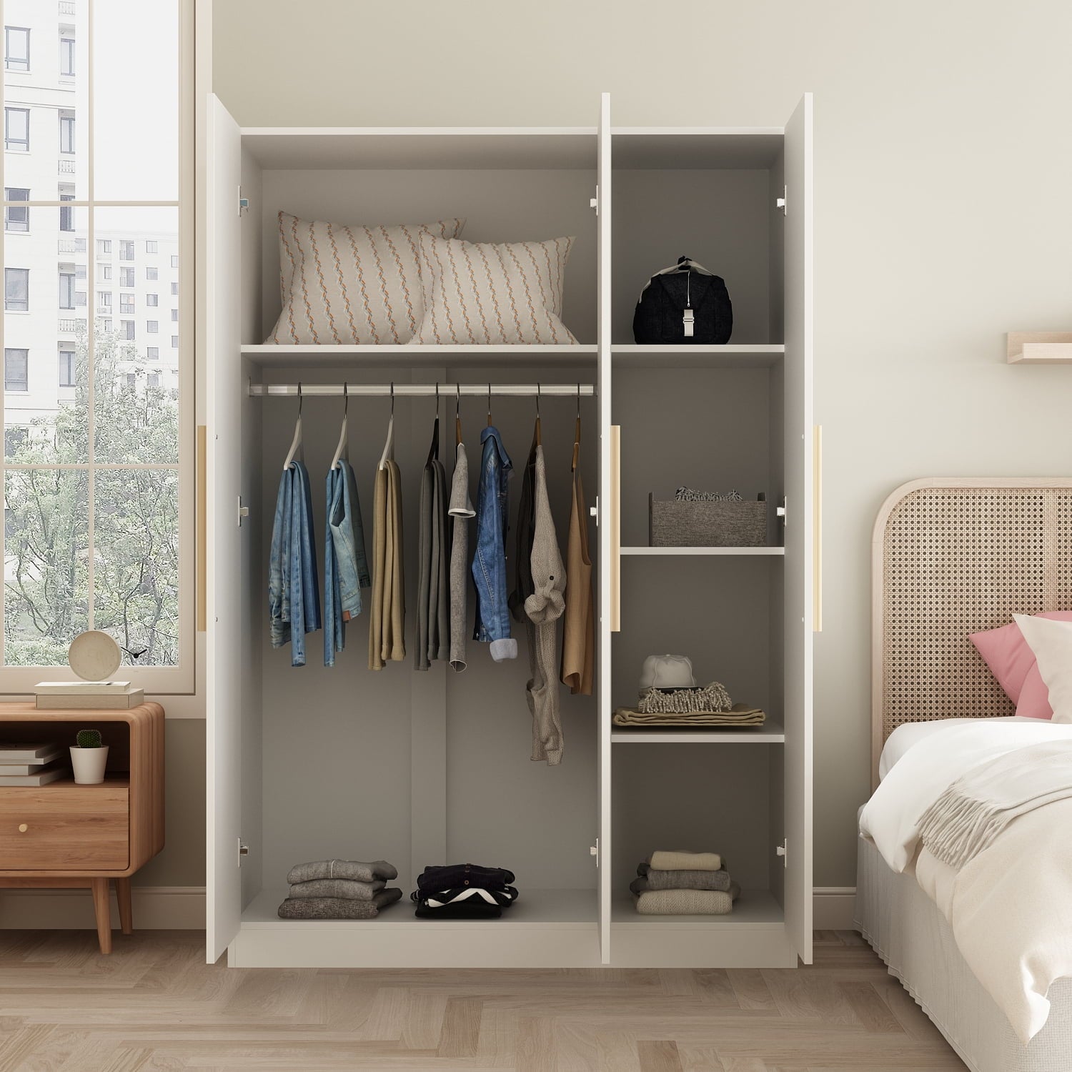 OxyLife 2 Door Wardrobe Armoire, White Closet Storage Organizer with Drawers and Shelves