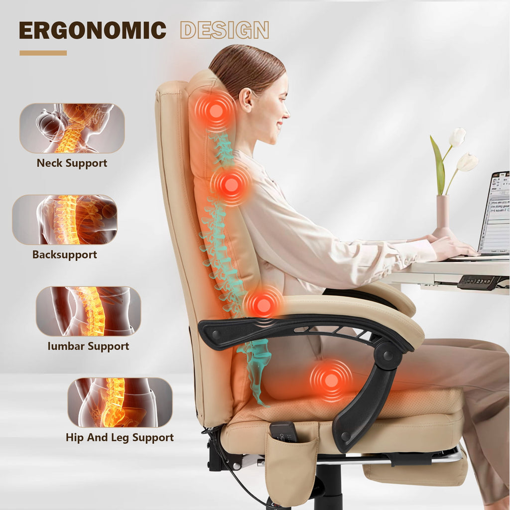 HOMREST Ergonomic Office Chair with 6-Point Massage & Heating, Adjustable Executive Desk Chair with Retractable Footrest, PU Leather Home Office Desk Chair for Home & Office (Black)