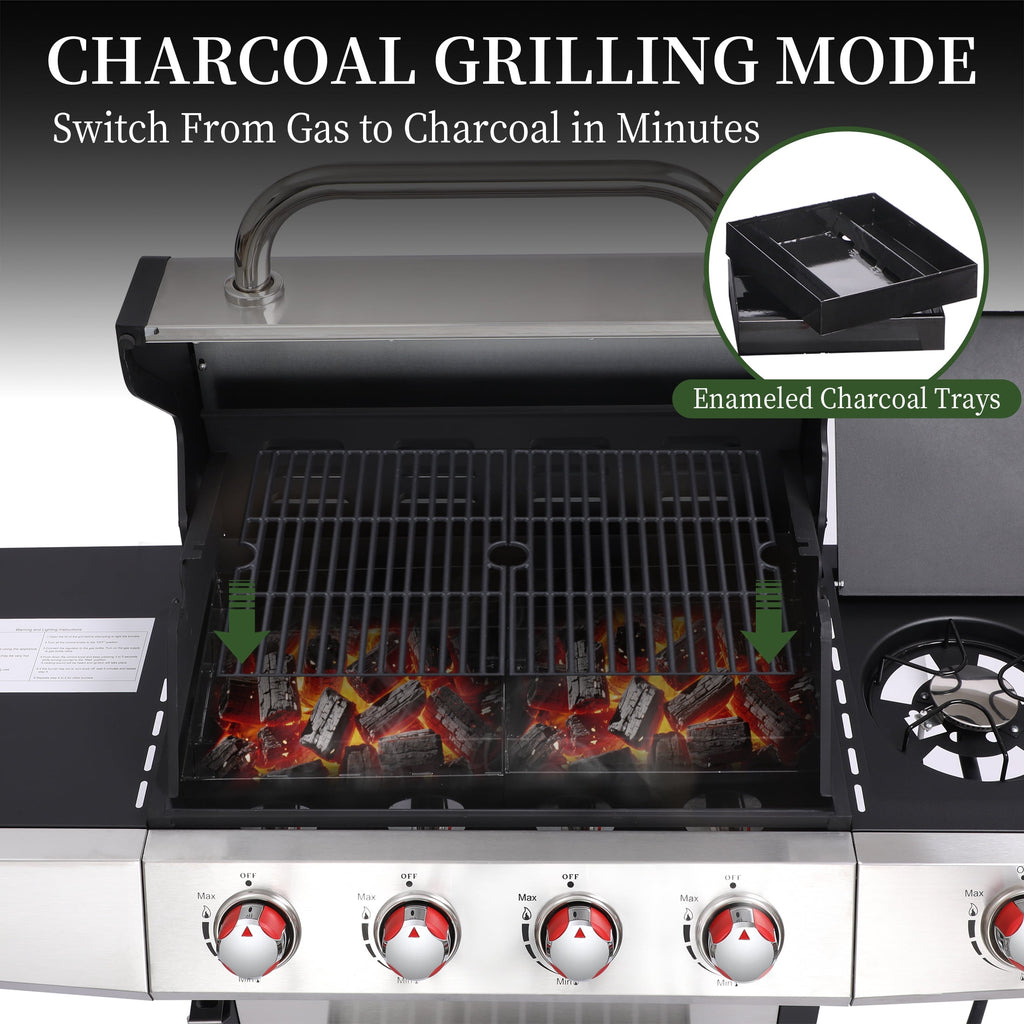 4 Burner Propane Gas Grill Combo w/Side Burner, 3-in-1 BBQ Grill with Charcoal Smoker & Griddle Plate, 46,750 BTU, 448 Sq.In. Stainless Steel Outdoor Cooking Station