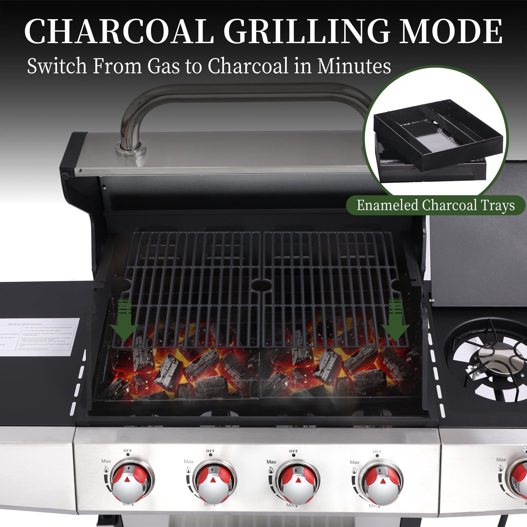 4 Burner Propane Gas Grill Combo w/Side Burner, 3-in-1 BBQ Grill with Charcoal Smoker & Griddle Plate, 46,750 BTU, 448 Sq.In. Stainless Steel Outdoor Cooking Station
