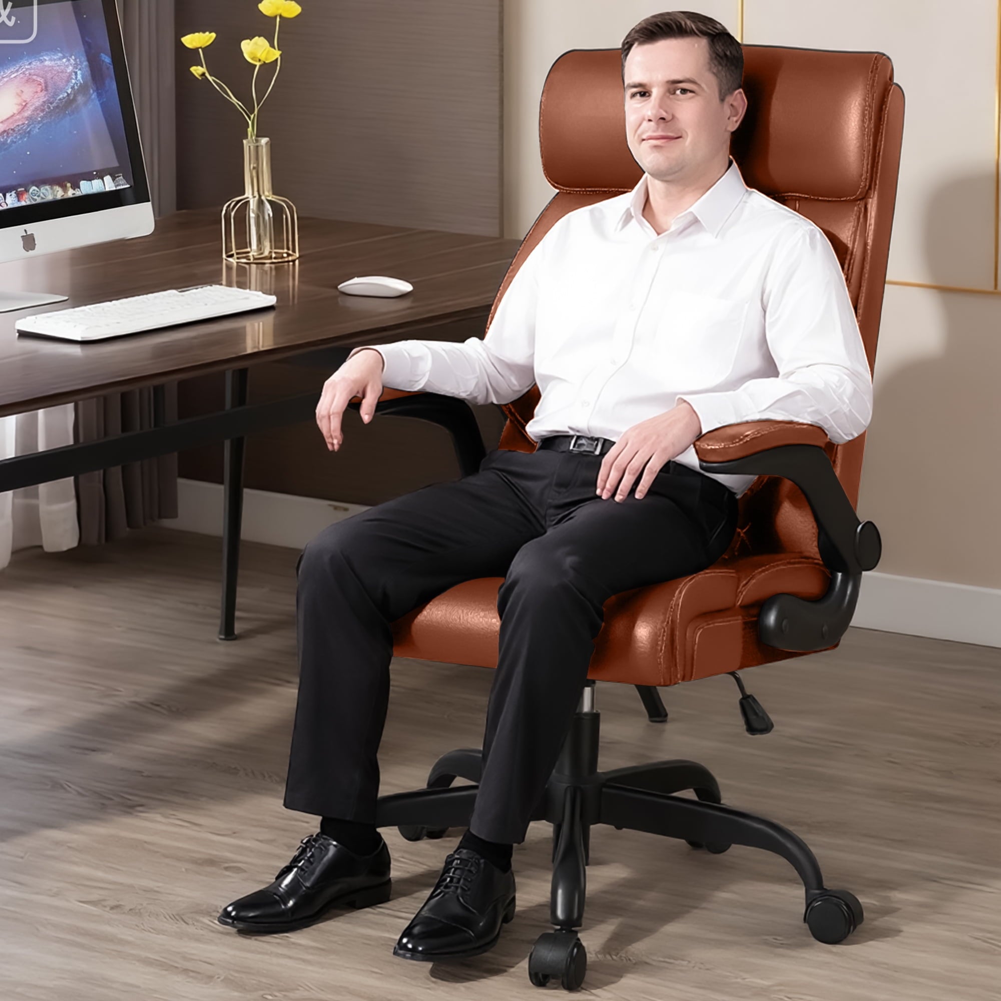 FASTES Executive Office Chair, Ergonomic Desk Chair with Adjustable Armrests, Computer Leather Chair Big and Tall Office Chair with Footrest and Lumbar Support, Brown