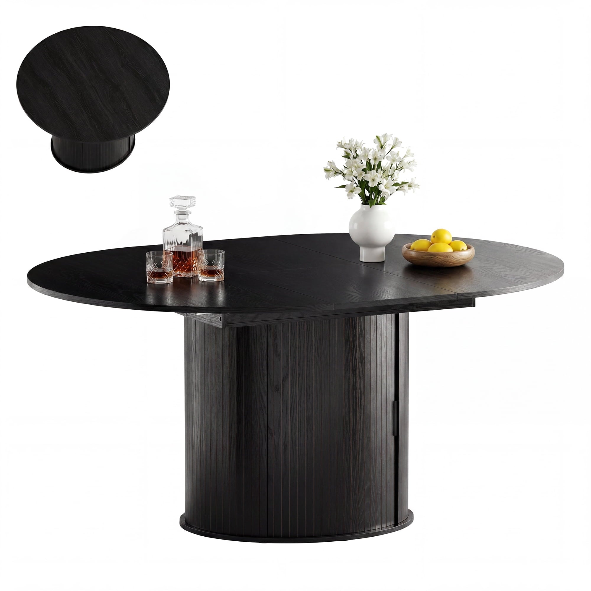 EOP 47″- 63″ Extendable Round Dining Table for 4-6, Wooden Kitchen Table with Hidden Storage and Fluted Sliding Door Cabinet, Modern Space-Saving Table for Dining Room Kitchen, Natural Wood
