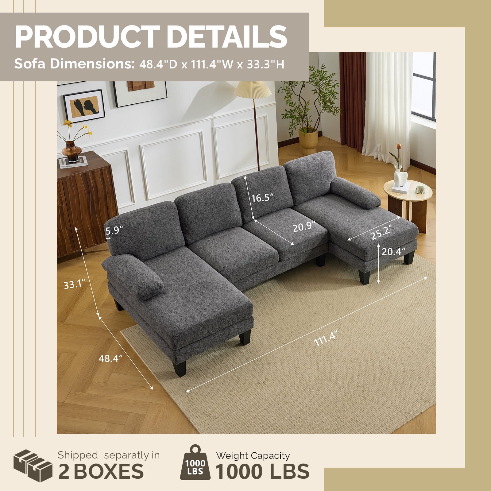 Ktaxon U-Shaped Sectional Sofa Set with Chaise, 4-Seater Blended Chenille Couch for Living Room, Apartment, Easy Assembly Khaki