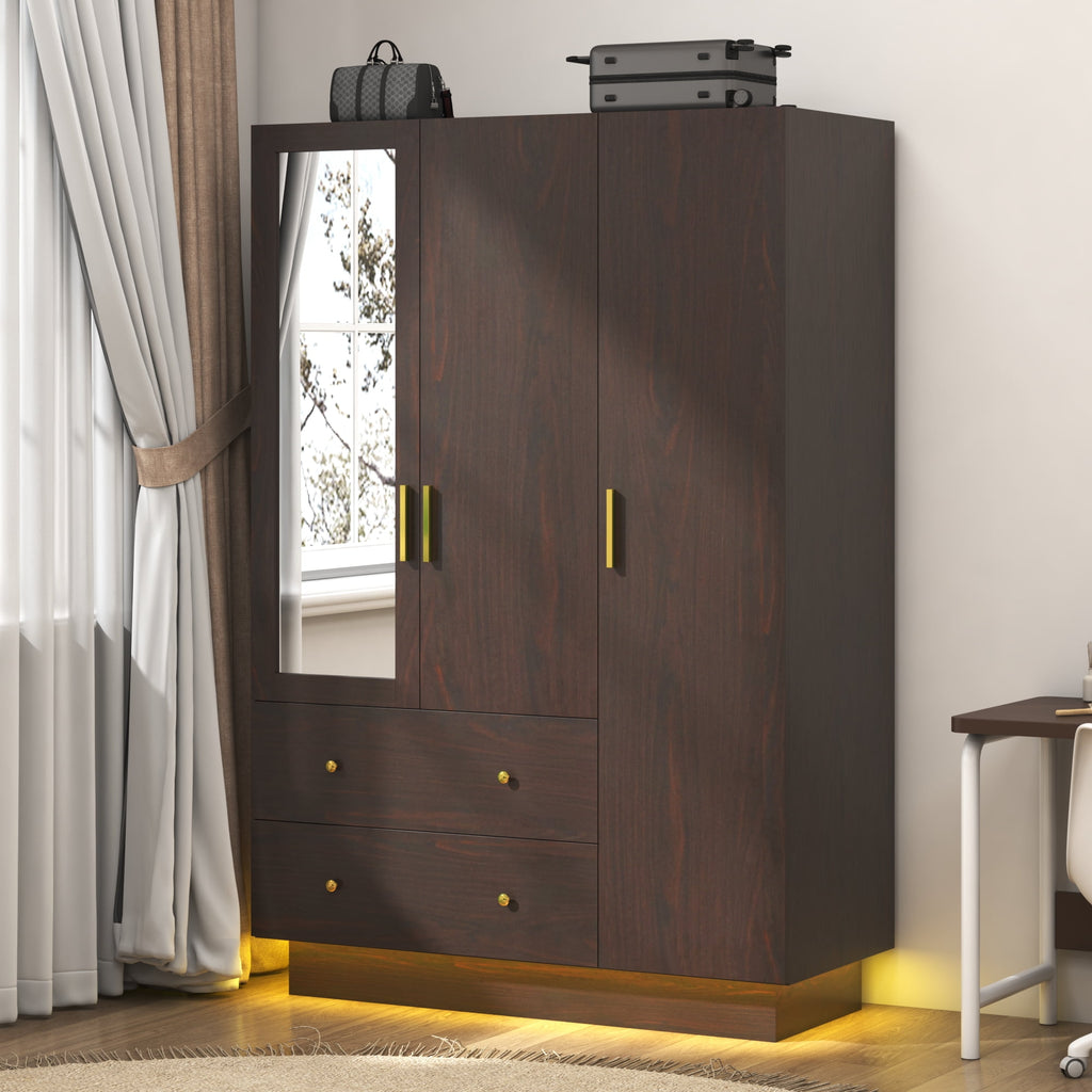 Blotout 70 Armoire Wardrobe Closet with Mirror, LED Wardrobe Armoire with 2 Drawers, 3 Door Wood Armoire Storage with Hanging Rods and Multi-Layer Shelves