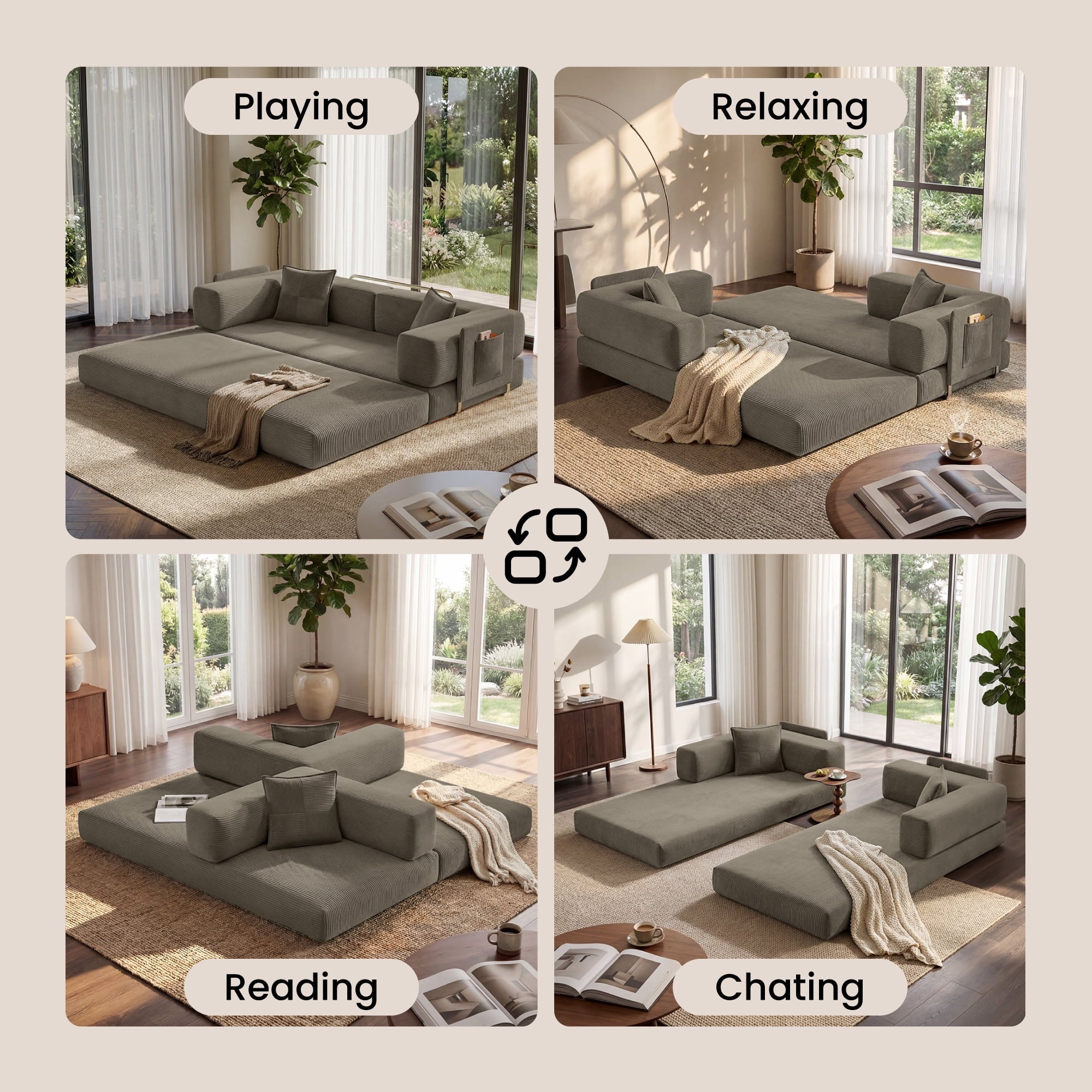 BELHOME 5-in-1 Convertible Sofa Bed, 78.8 Sleeper Sofa Boneless Couch with Side Pockets, Folding Floor Sofa Compression Sofa for Living Rooms No Assembly Required