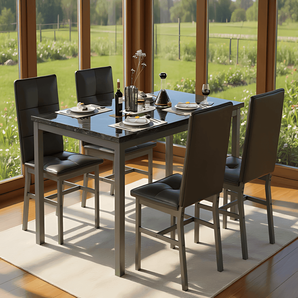 LinkRomat Dining Table Set for 4, Modern Faux Marble Tabletop and 4 PU Leather Upholstered Chairs, Kitchen Table and Chairs for Dining Room Breakfast Nook, Gray