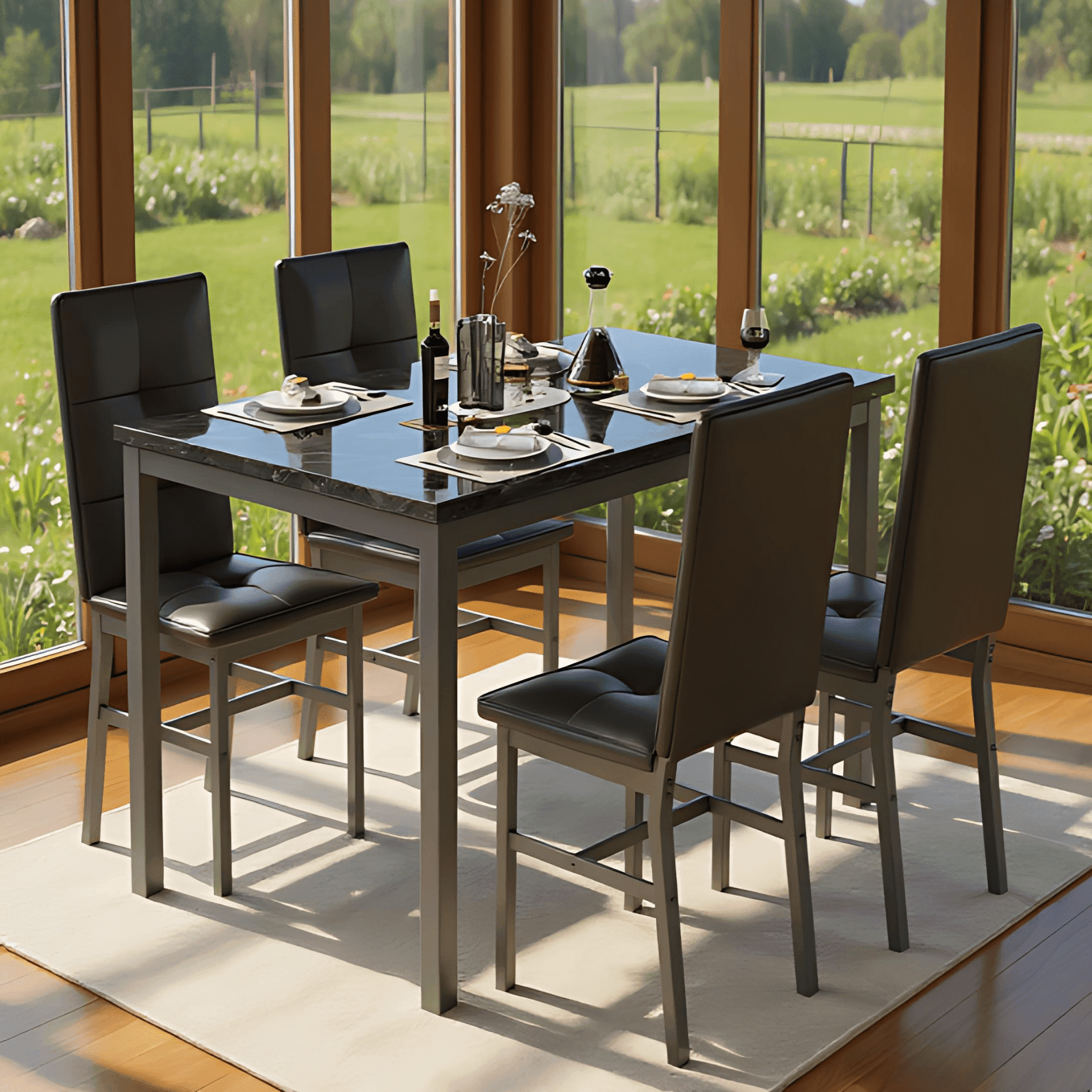 LinkRomat Dining Table Set for 4, Modern Faux Marble Tabletop and 4 PU Leather Upholstered Chairs, Kitchen Table and Chairs for Dining Room Breakfast Nook, Gray