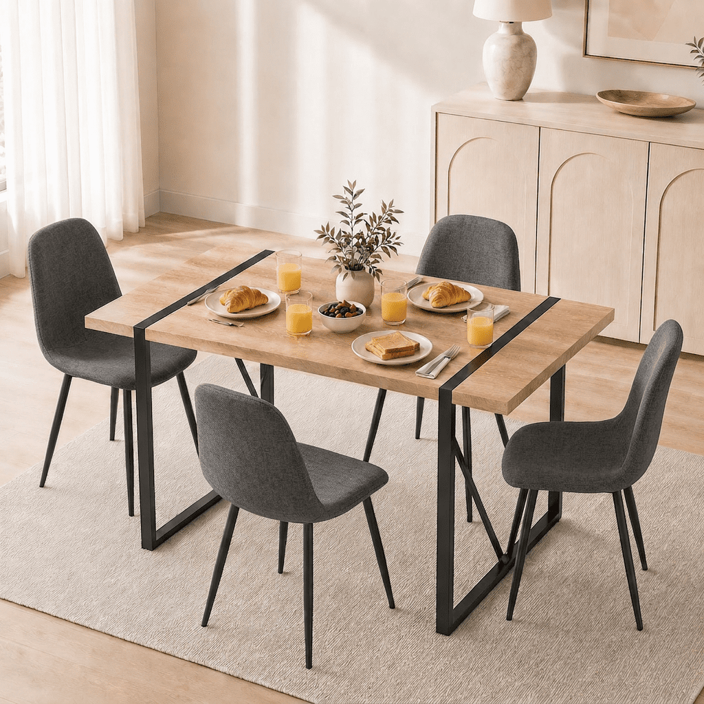 JUFU 55 Dining Table Set for 4, Modern Table and Chairs Set of 4, 5 Piece Dining Table Set Include Wooden Kitchen Table and 4 Faux Leather Chairs Ideal for Kitchen Dining Room Easy to Assemble