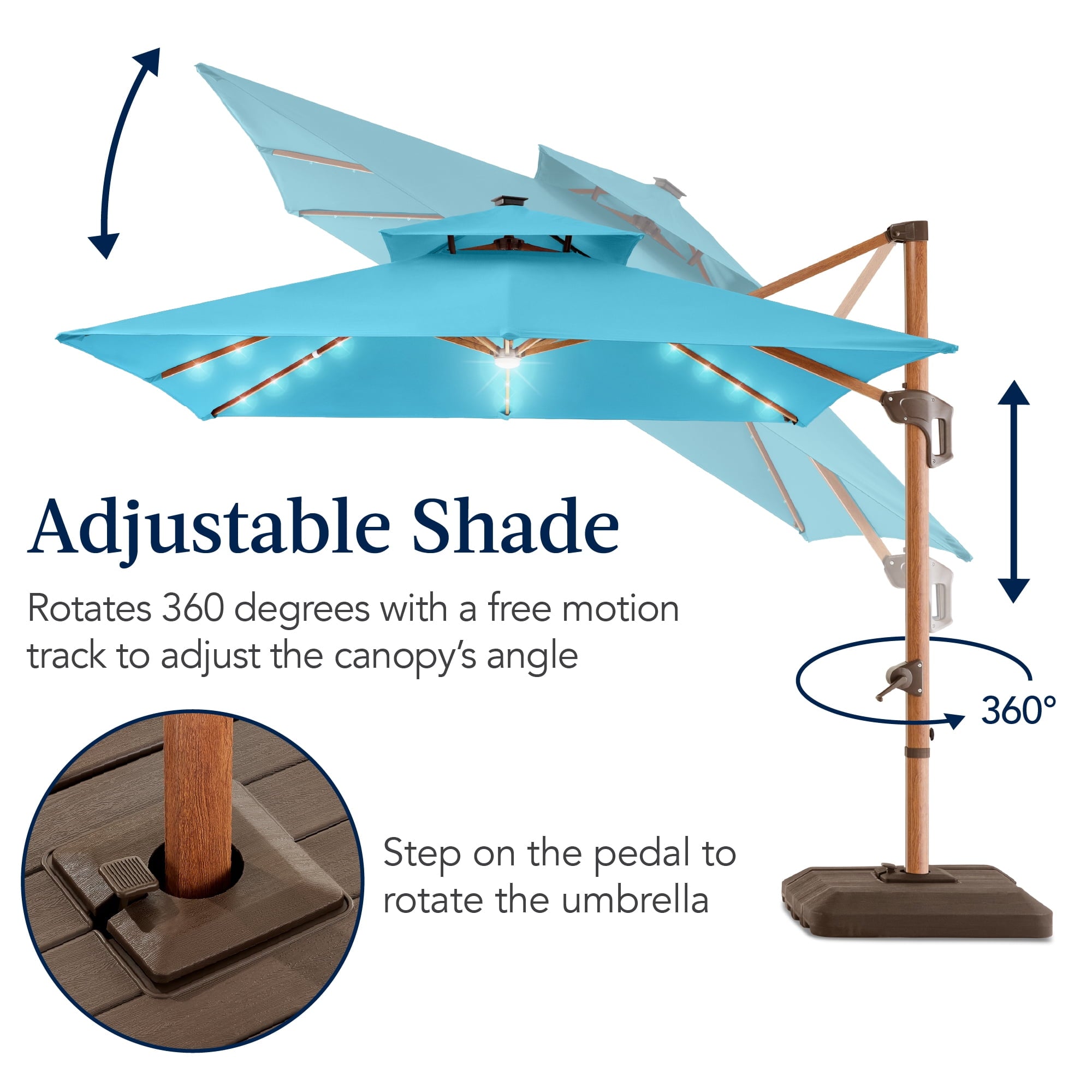 Best Choice Products 10ft Square Woodgrain Pattern 2-Tier Outdoor Solar LED Cantilever Umbrella w/ Base - Gray