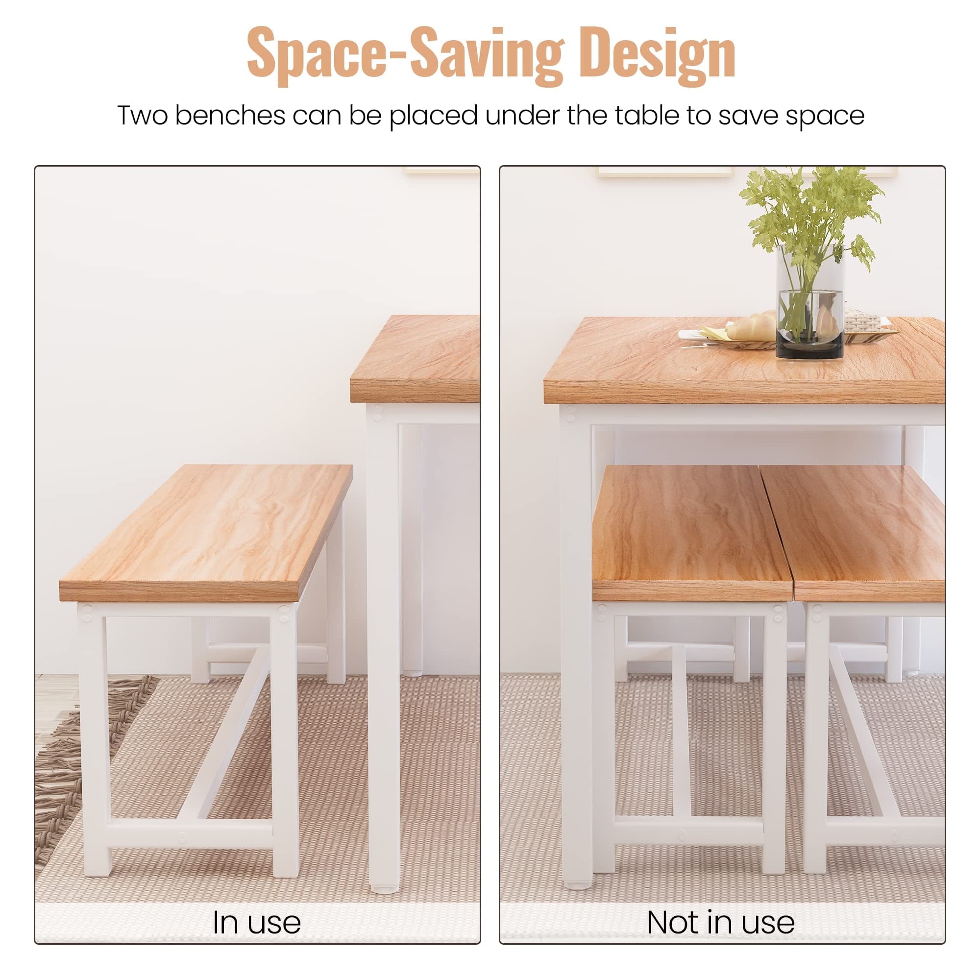 MIERES Kitchen Dining Set: Rectangular solid wood dining table with two benches, suitable for 2 to 4 people, small dining set, black