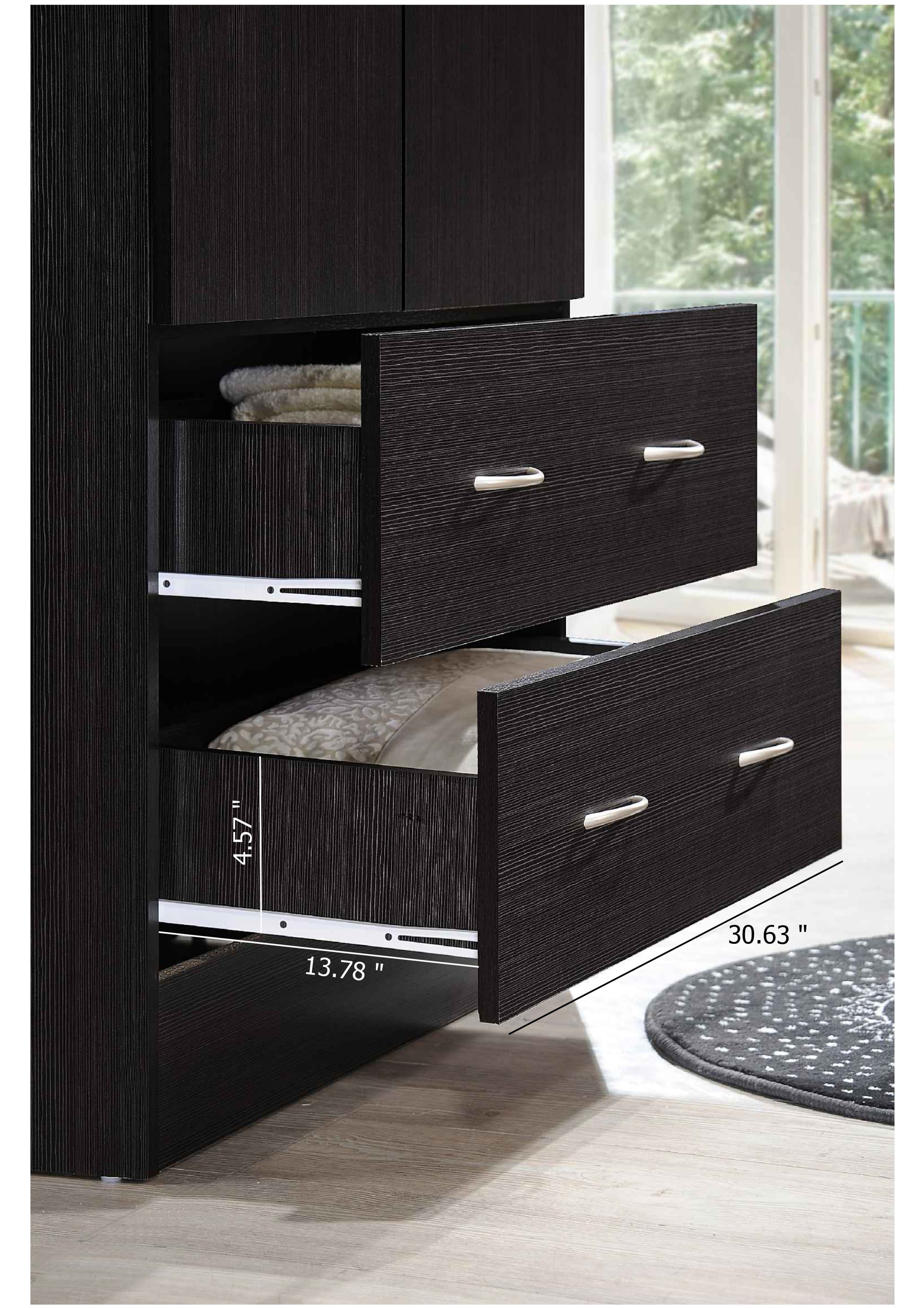 Hodedah 2-Door Armoire with 2-Drawers and Clothing Rod in Black