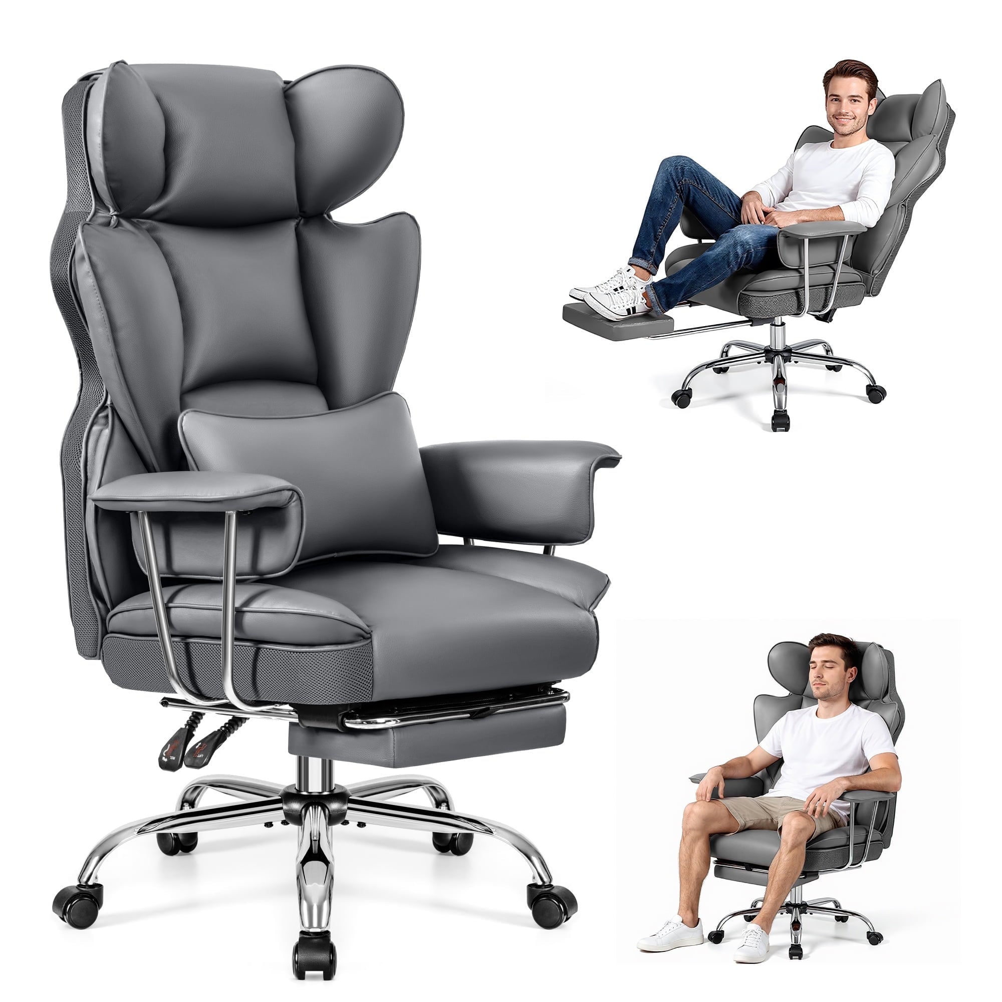 Primy High Back Office Chair, Big and Tall PU Leather Executive Chair with Footrest – Ergonomic Reclining Computer Desk Chair, High-Density Foam, Heavy Duty Swivel Rolling Chair, Black