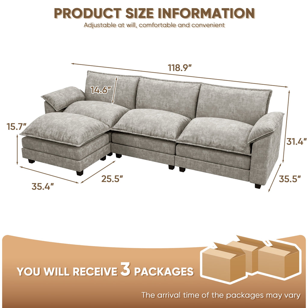 Homall 3-seat L-shaped Cloud Couch Sectional Sofa with reversible toffee chair Movable Footrest Sofa, Gray