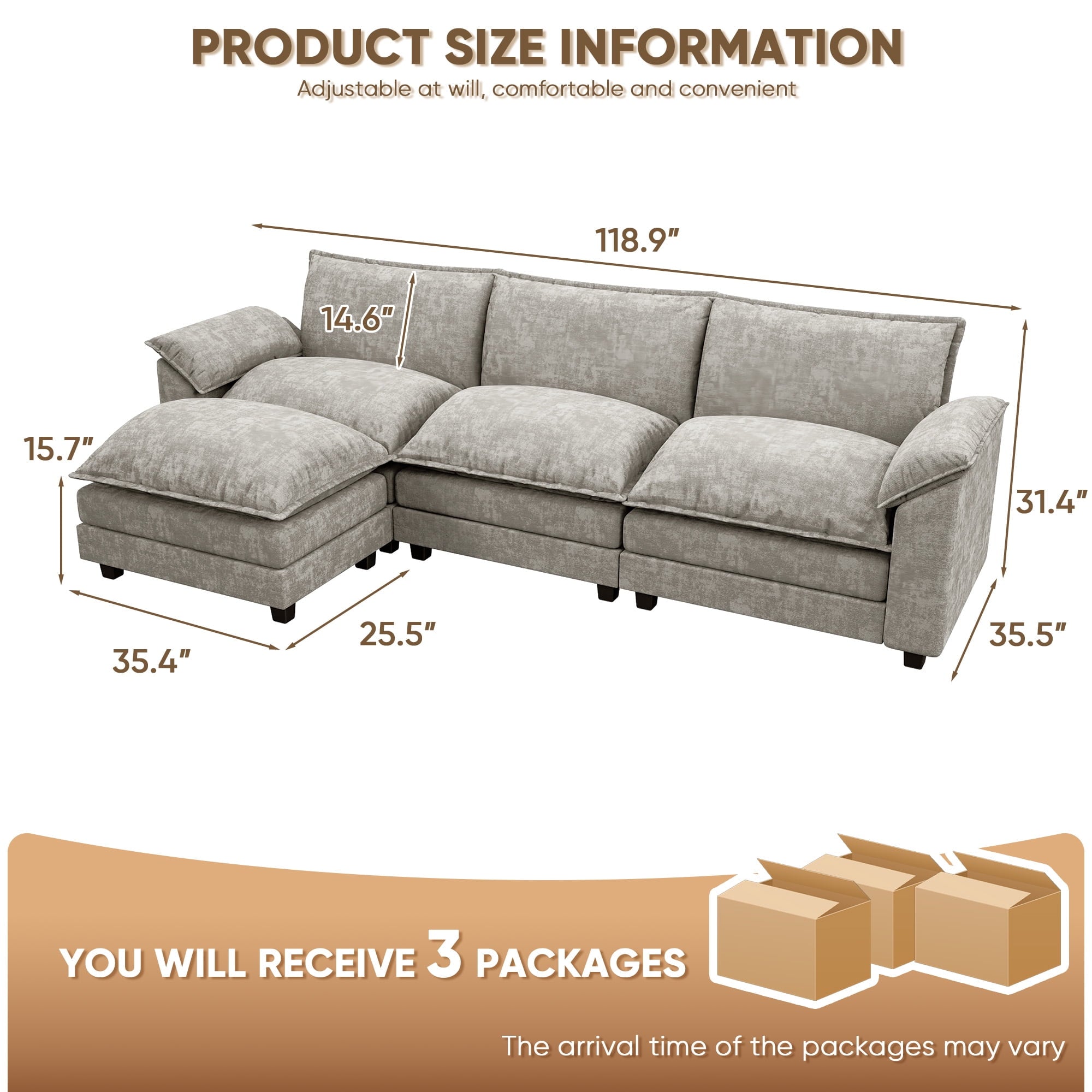 Homall 3-seat L-shaped Cloud Couch Sectional Sofa with reversible toffee chair Movable Footrest Sofa, Gray