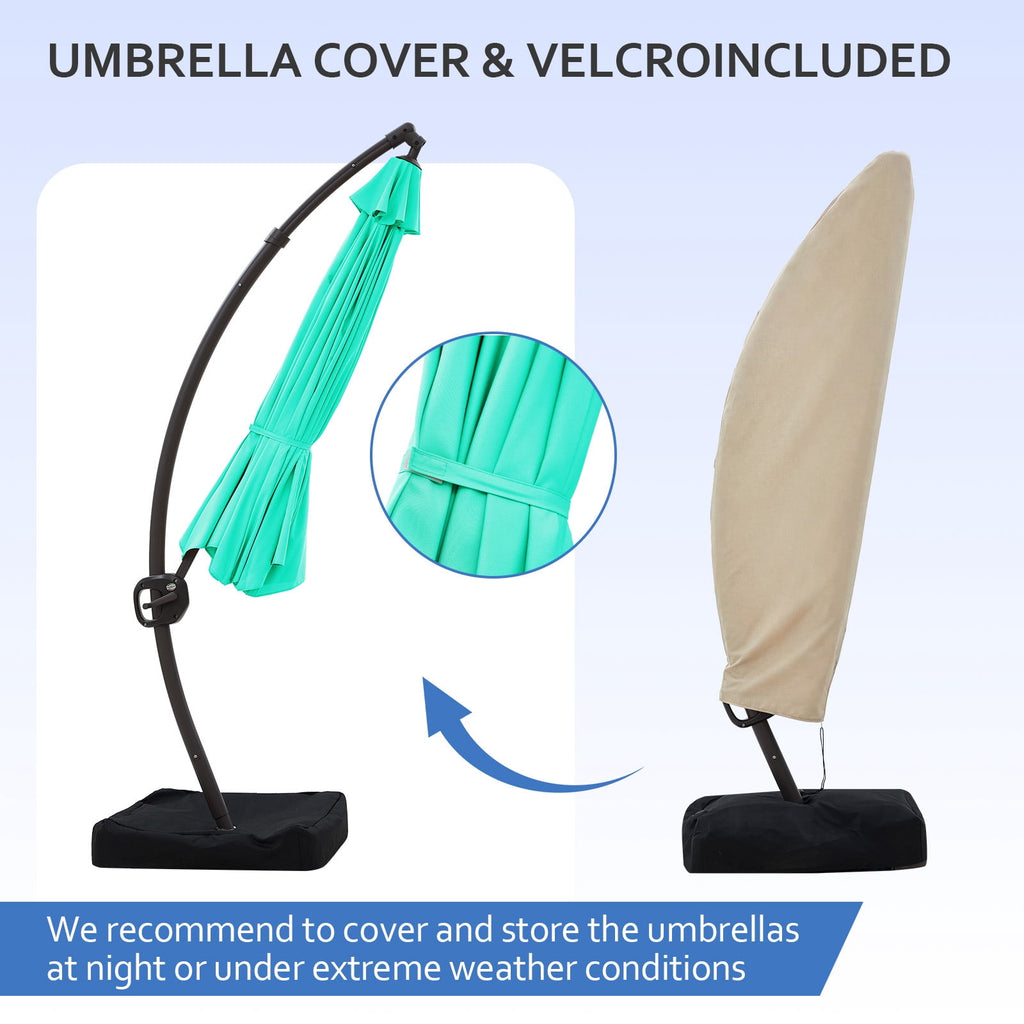 FUNDAZE 11ft Market Patio Umbrella with Base, Curved Cantilever Hanging Sun Shade with Crank & Tilt for Garden, Deck, Poolside,Beige
