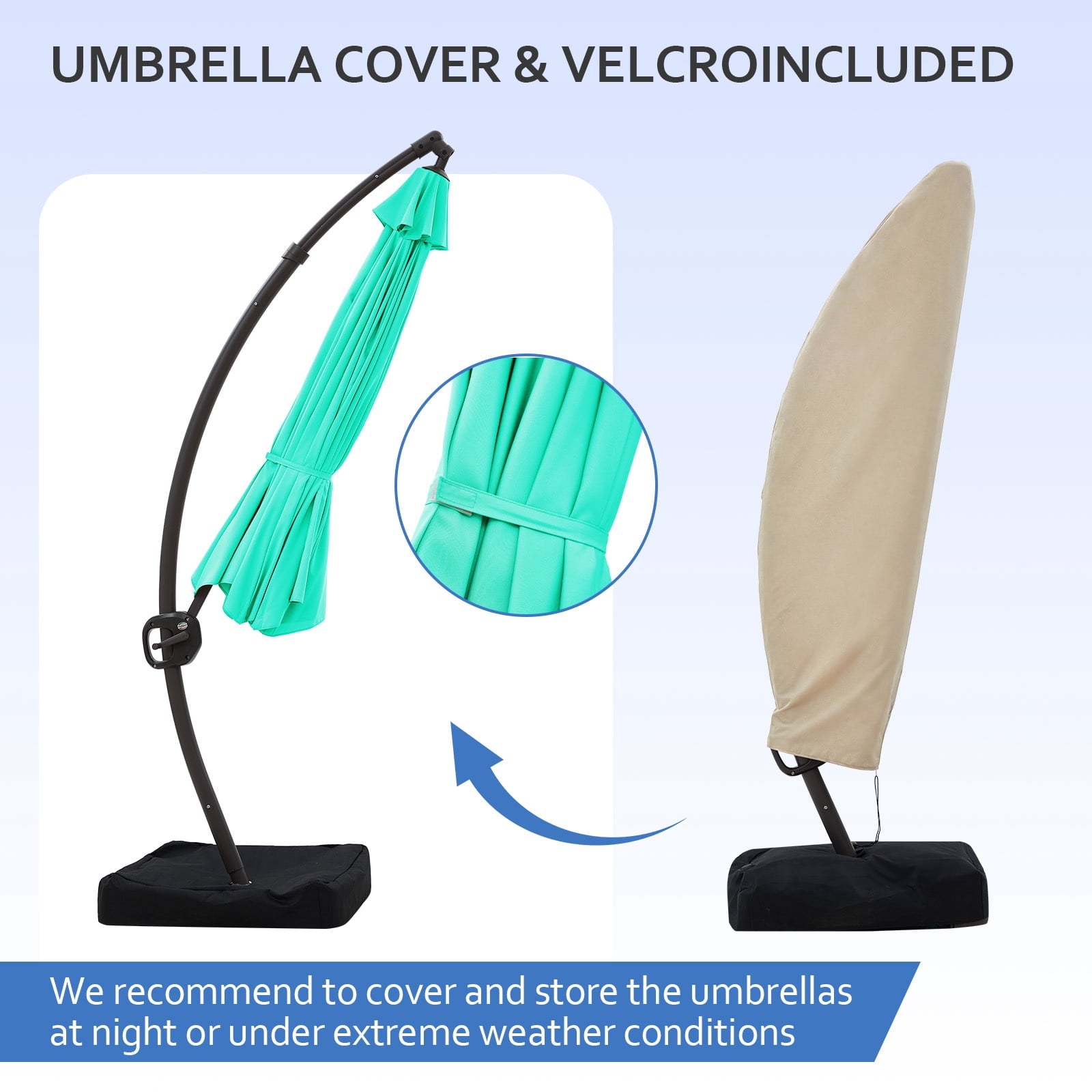 FUNDAZE 11ft Market Patio Umbrella with Base, Curved Cantilever Hanging Sun Shade with Crank & Tilt for Garden, Deck, Poolside,Beige