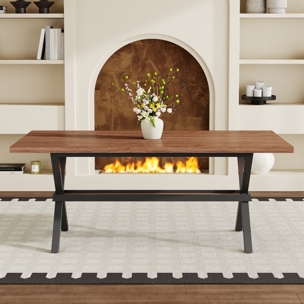 Modern 71 Wood Dining Table, Light Wood Grain MDF Top with X-Shaped Metal Legs, Seats 6-8 People, for Kitchen & Dining Room