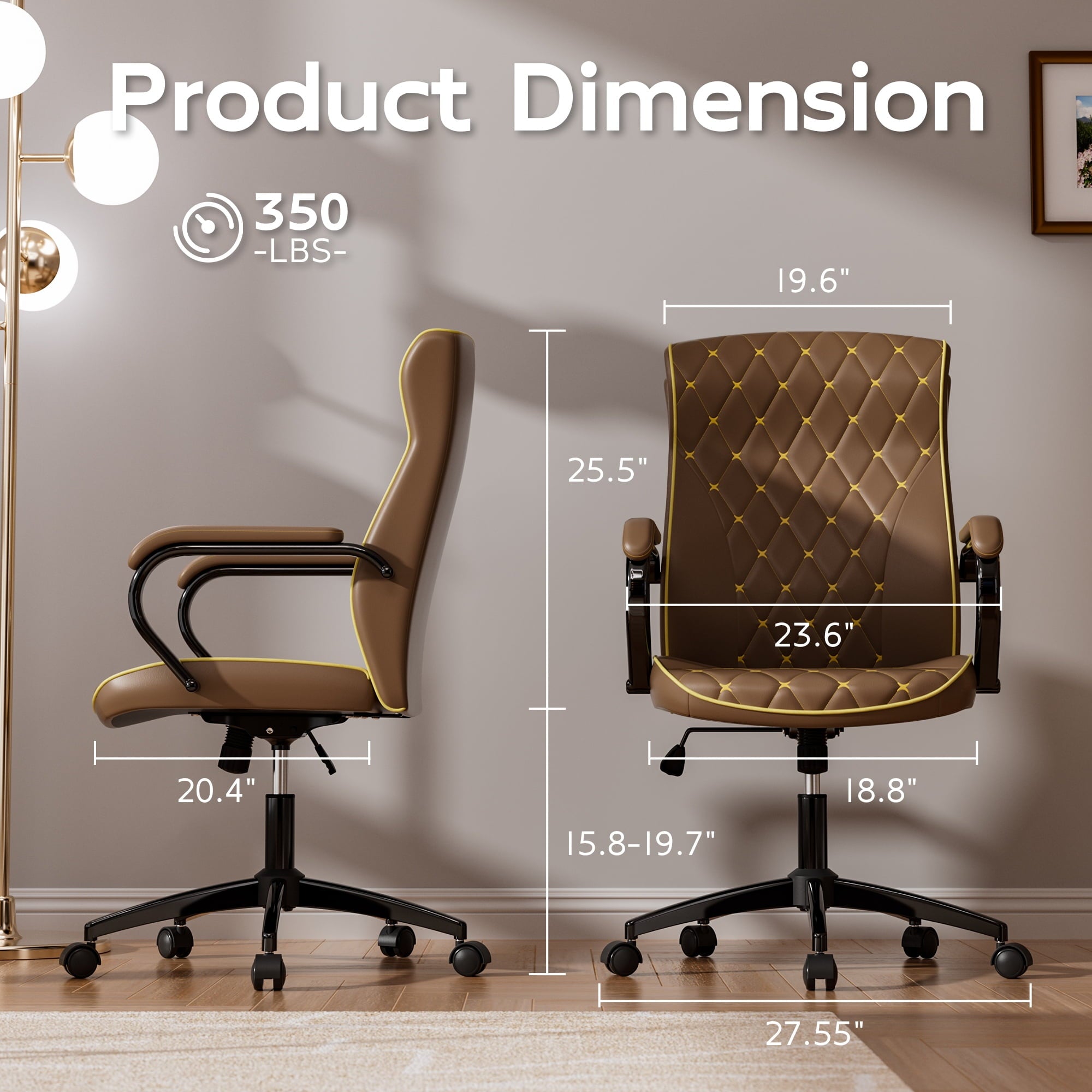 HomeZeer White and Gold Office Chair, Ergonomic High Back Executive Desk Chair with Wheels and Arms, Modern PU Leather Computer Chair with Rocking Function, White(Set of 2)