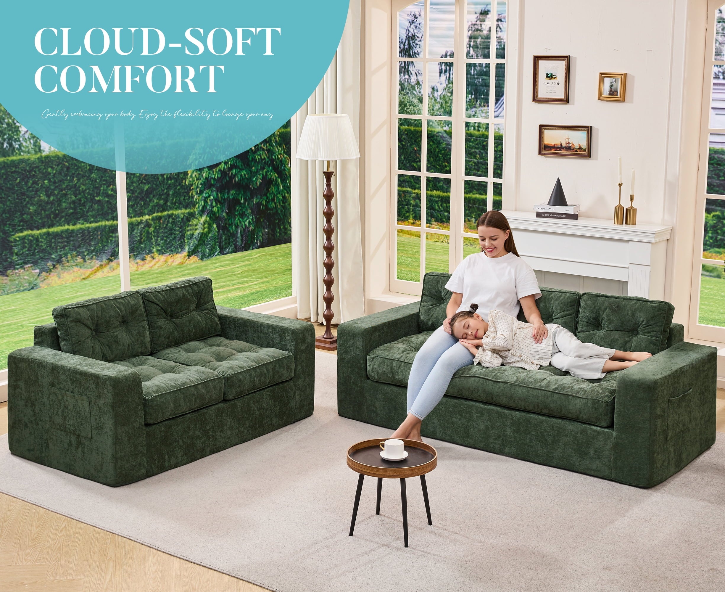 Hobestluk 3-Seater Sofa Boneless Couch with Tufted Button Design 2 in 1 Comfy Cloud Couch Oversized Sofa for Living Room Bedroom Apartment or Office (Grey, 3 Seater)