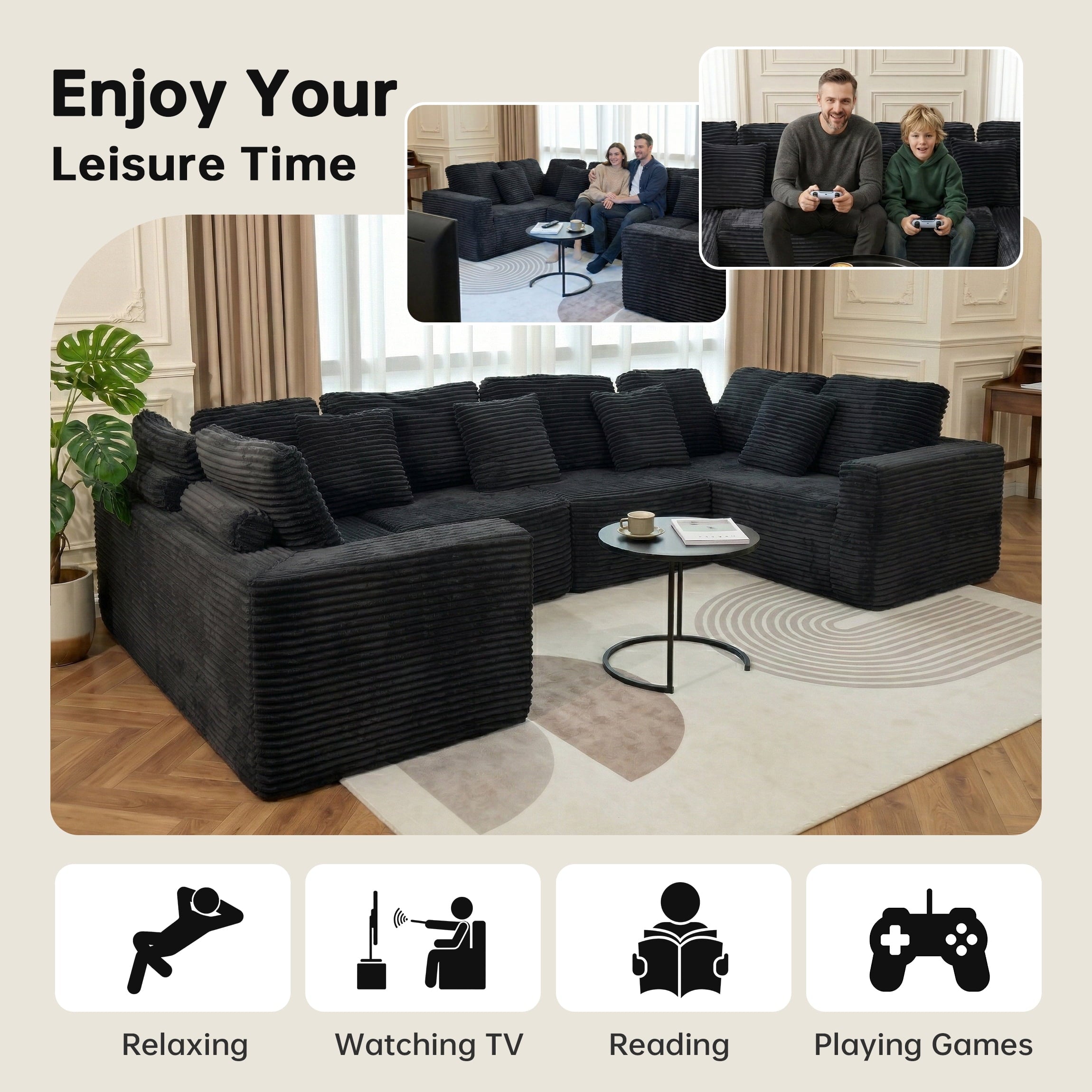 SOULART 138.5 U Shaped Sectional Couch,Gray Cloud Boneless Sofa For Living Room,Plush Corduroy Couches With Deep Seat Chaise Lounge,No Assembly Required