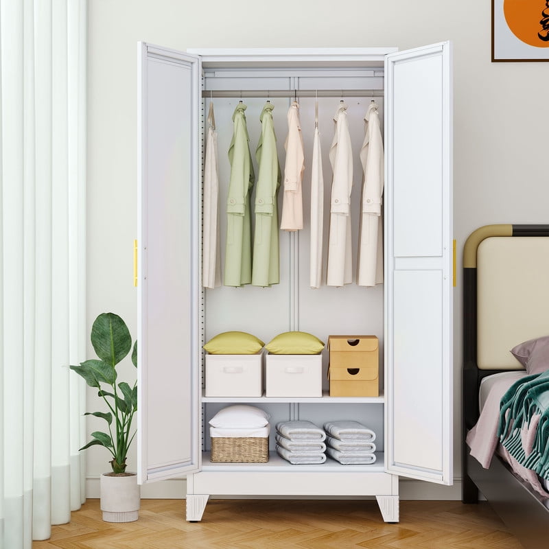 Ero Metal Freestanding Armoire Wardrobe Closet with Hanging Rod and Mirror