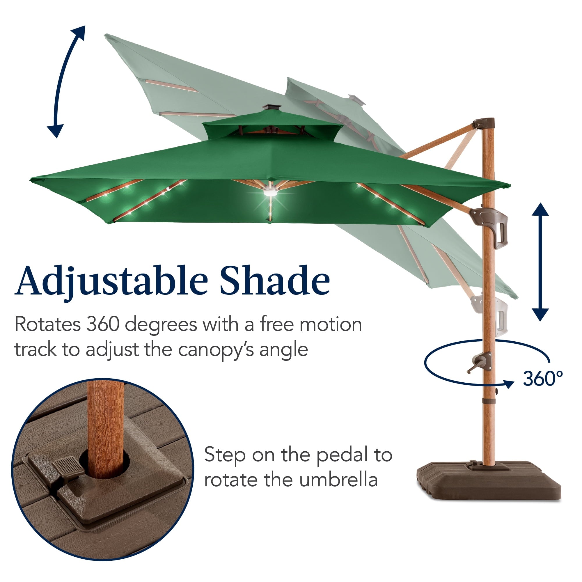 Best Choice Products 10ft Square Woodgrain Pattern 2-Tier Outdoor Solar LED Cantilever Umbrella w/ Base - Gray