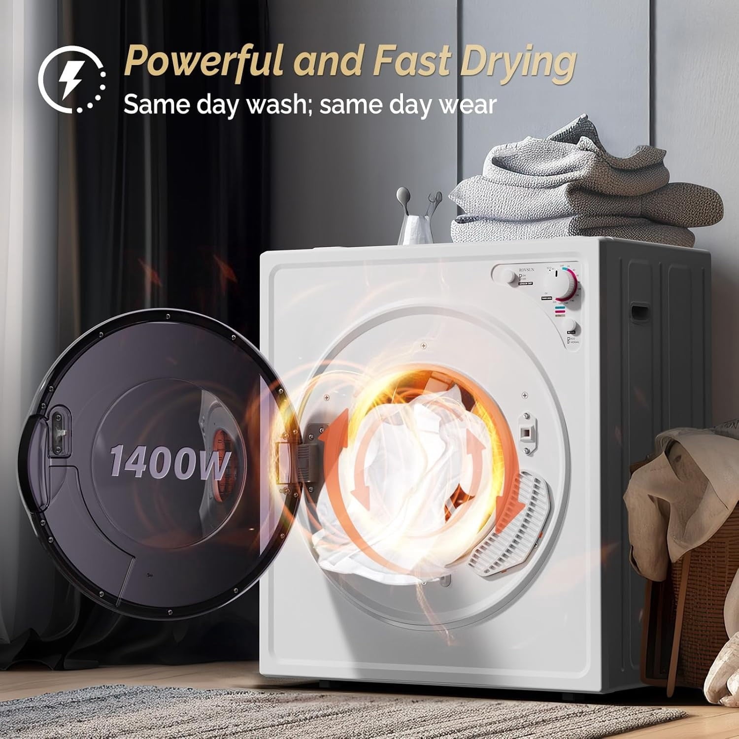 2.6 Cu.Ft White Compact Portable Laundry Dryer, 110V Electric Clothes Dryer with Stainless Steel Tub & Control Knob, Small Portable Dryer Machine for Apartment Dorm RV Indoor Use
