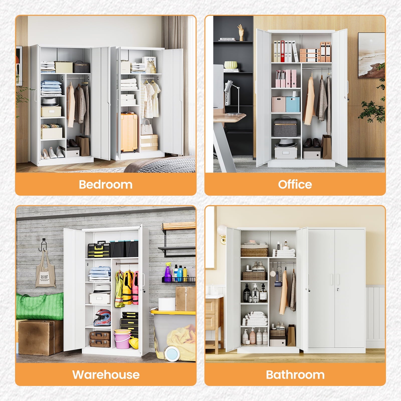 STANI Metal Wardrobe Closet with Hanging Rod, 72 White Armoire Wardrobe Cabinet with Adjustable Shelves, Clothes Storage Organizer Cabinets for Bedroom, Bathroom, Office