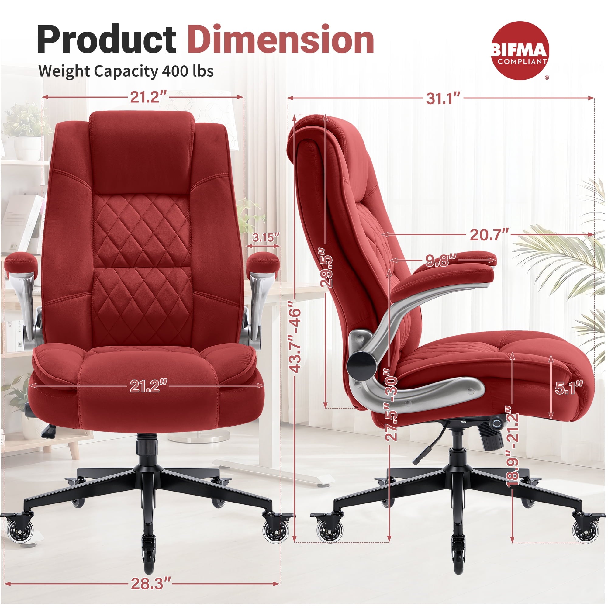 Ergonomic Home Office Chair with Locking Wheels, High-back Desk Chair with Thick Padded Flip-up Armrest, Comfy Executive Chair with Adjustable Lumbar Support for Home & Office & Work