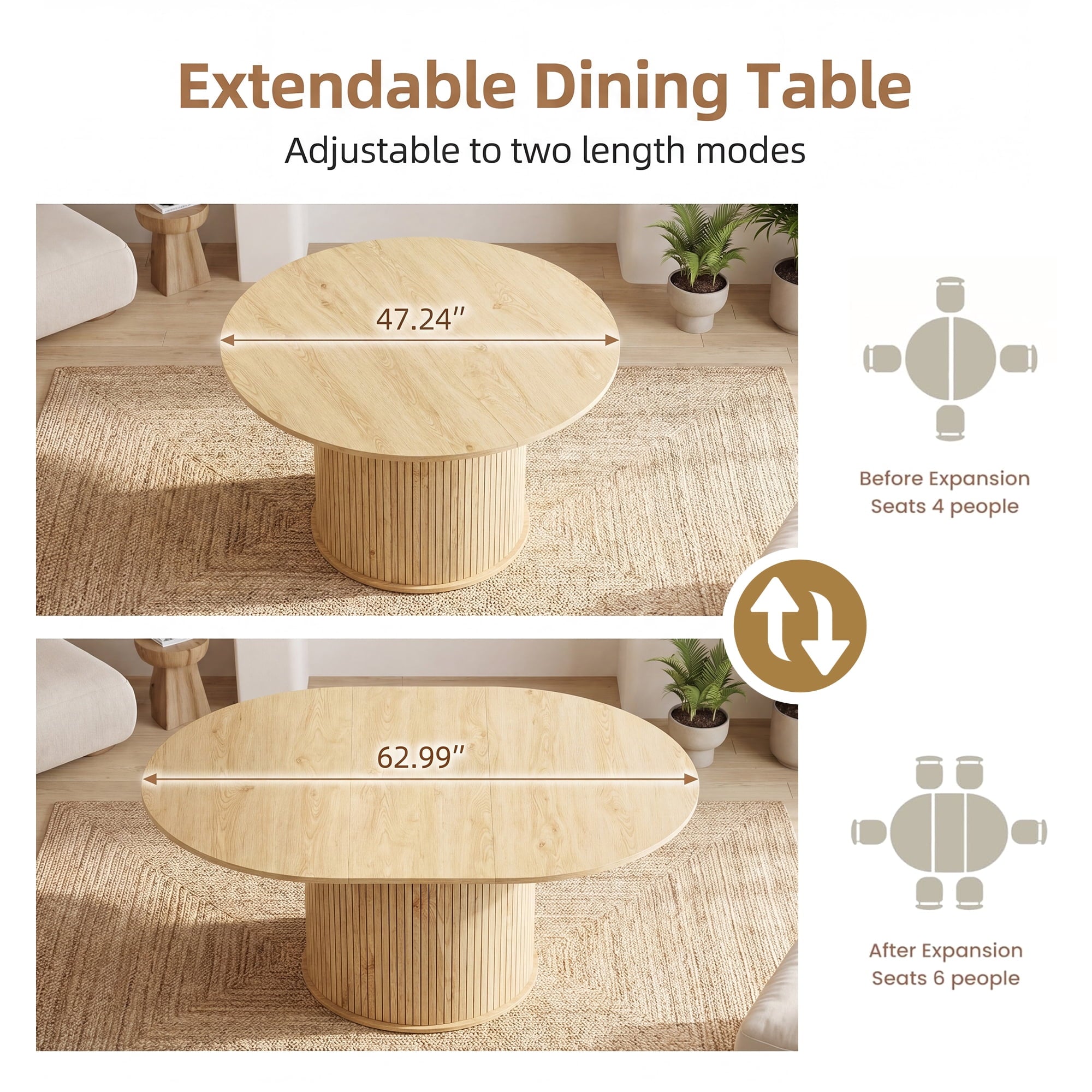 EOP 47″- 63″ Extendable Round Dining Table for 4-6, Wooden Kitchen Table with Hidden Storage and Fluted Sliding Door Cabinet, Modern Space-Saving Table for Dining Room Kitchen, Walnut