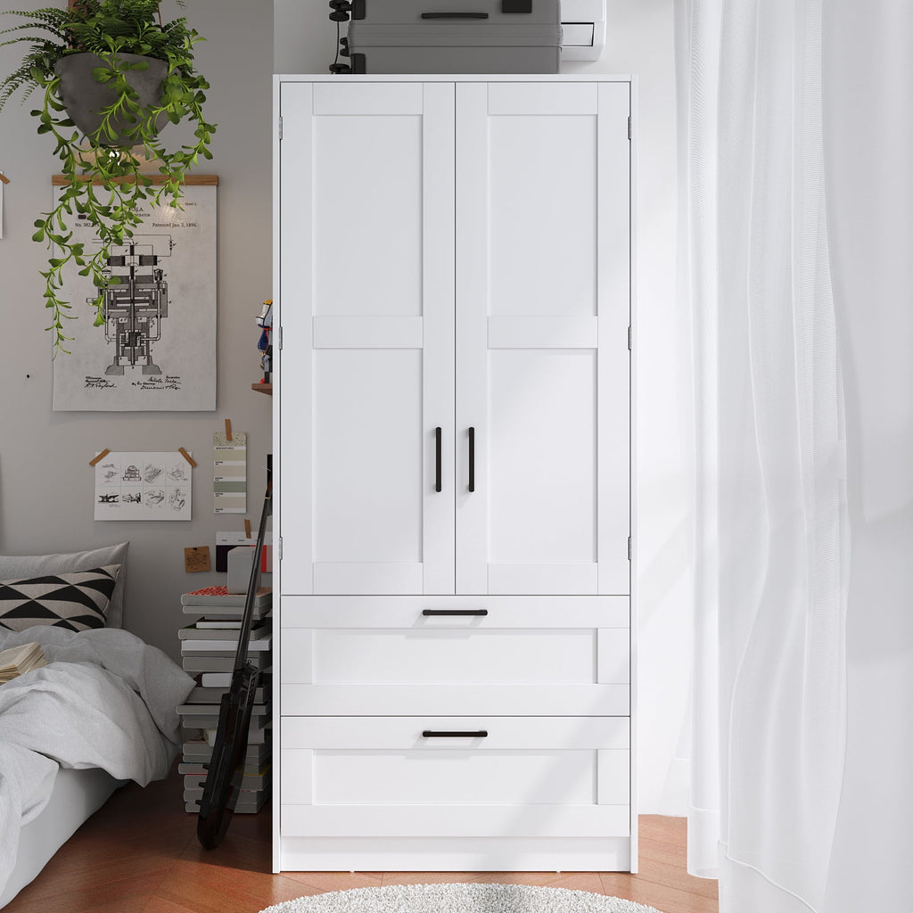 Wood White Wardrobe Closet with 2 Doors，Bedroom Freestanding Armoire Storage Cabinet with Shelves，Wooden Wardrobe Combination for Hanging Clothes