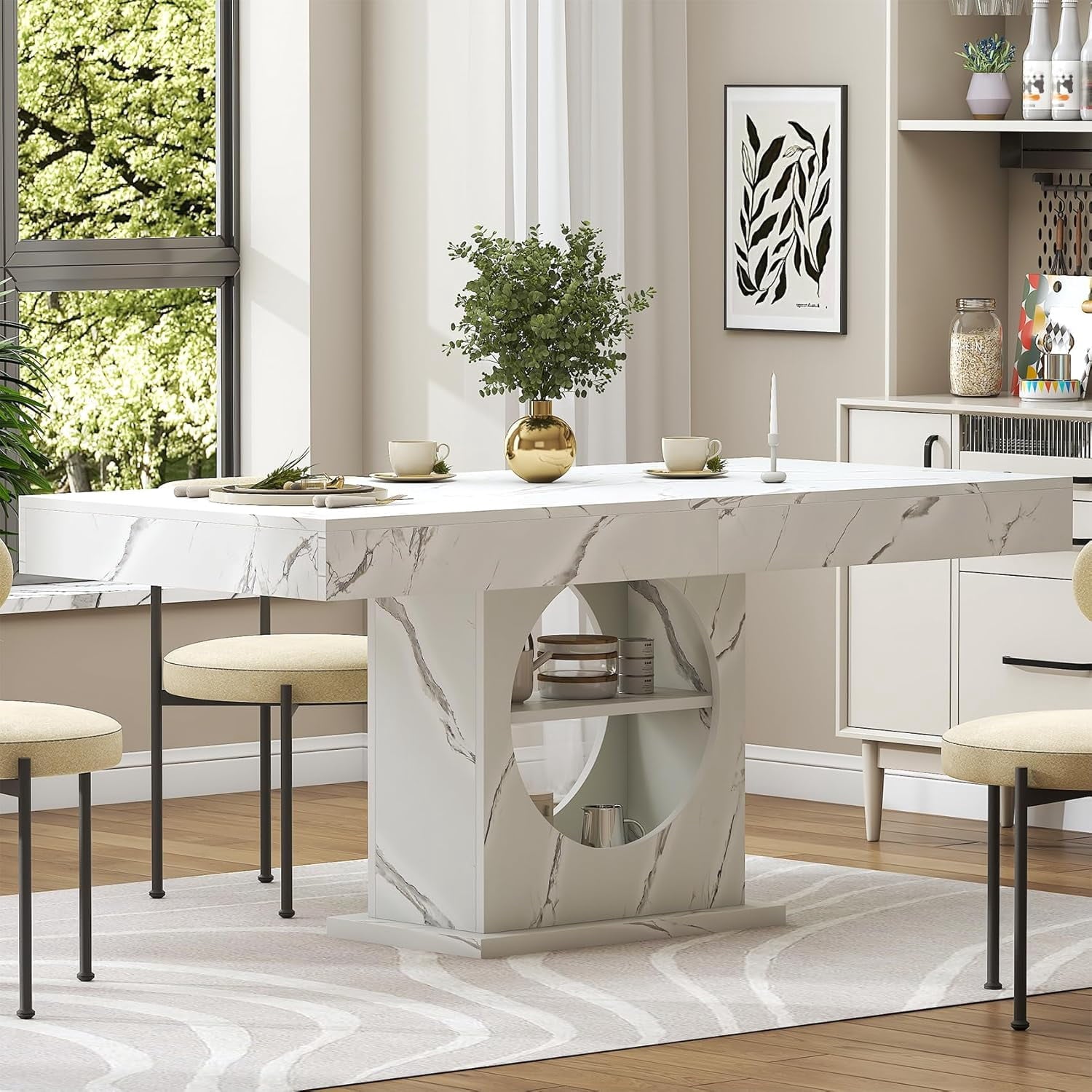 HAUXITIO 55 Inch Dining Table with LED Lights & 2 Drawers,Wooden Pedestal Base Table for 4-6 People,for Kitchen & Dining Room,White& Rustic Brown