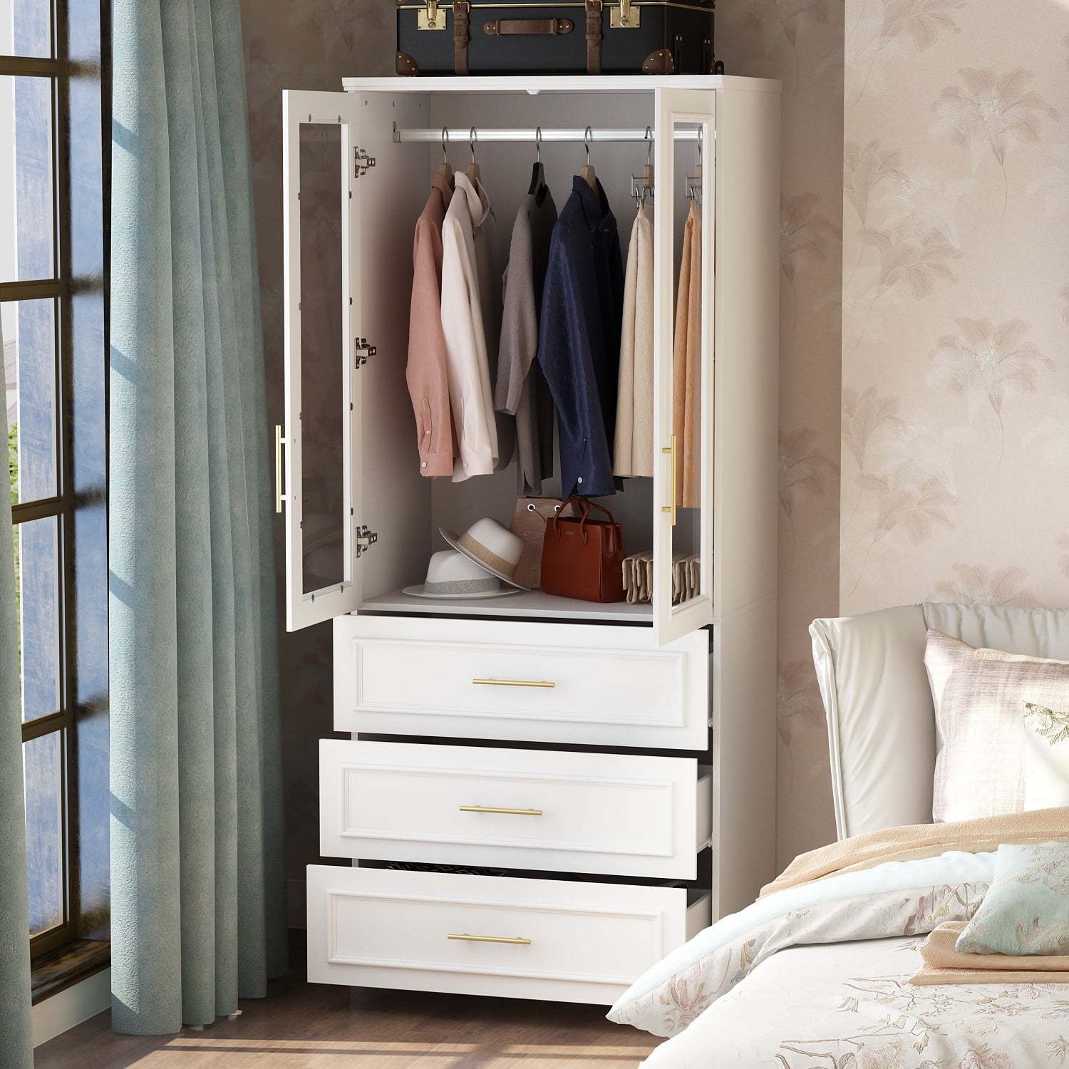 KULAGAGA Wardrobe Closet with Hanging Rod, Modern Wooden Armoire with 4 Framed Doors & 3 Large Shelves, Clothes Storage Cabinet Organizer for Bedroom Apartment, White