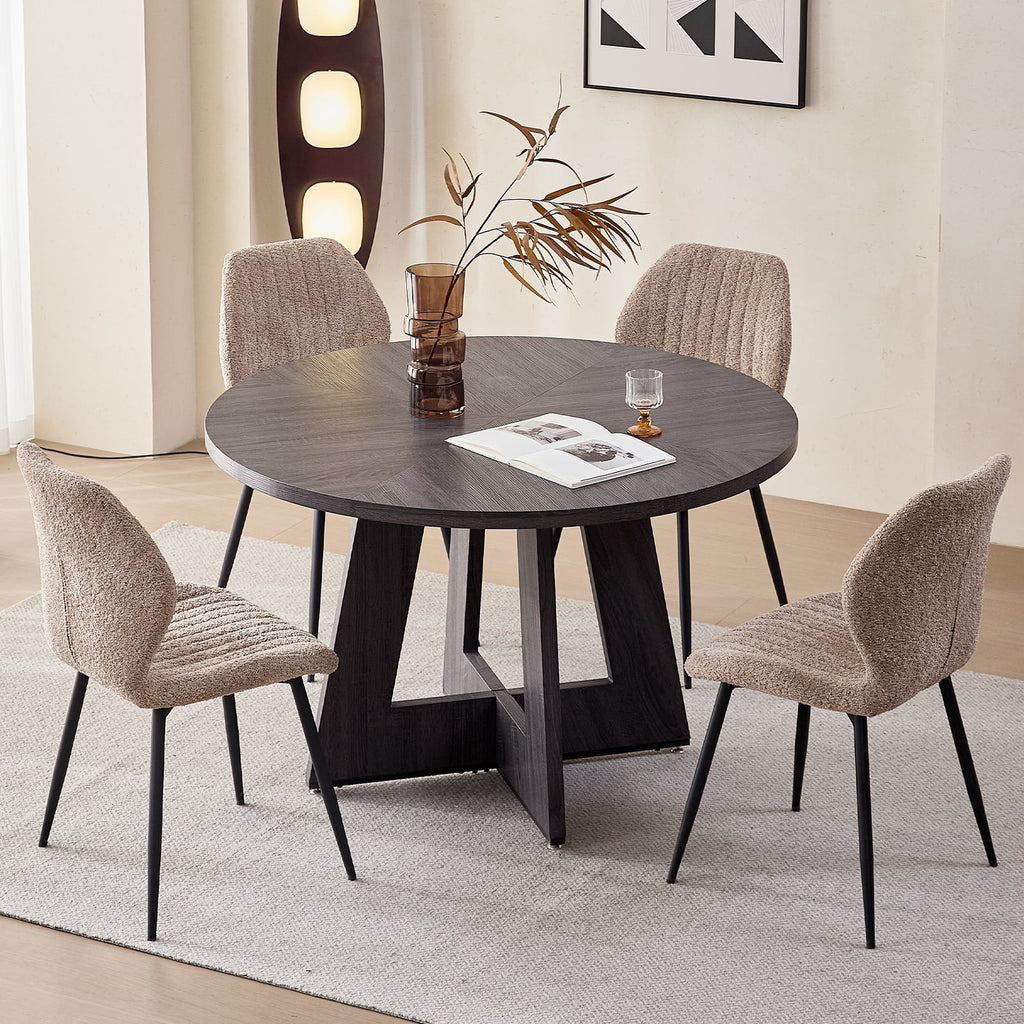 5 Piece 47'' Round Dining Table Chairs Set for 4, Farmhouse Oak Kitchen Table with 4 Boucle Mid Century Modern Dinning Room Chairs, Wood Dinner Table &Upholstered Chair Set of 4, Beige