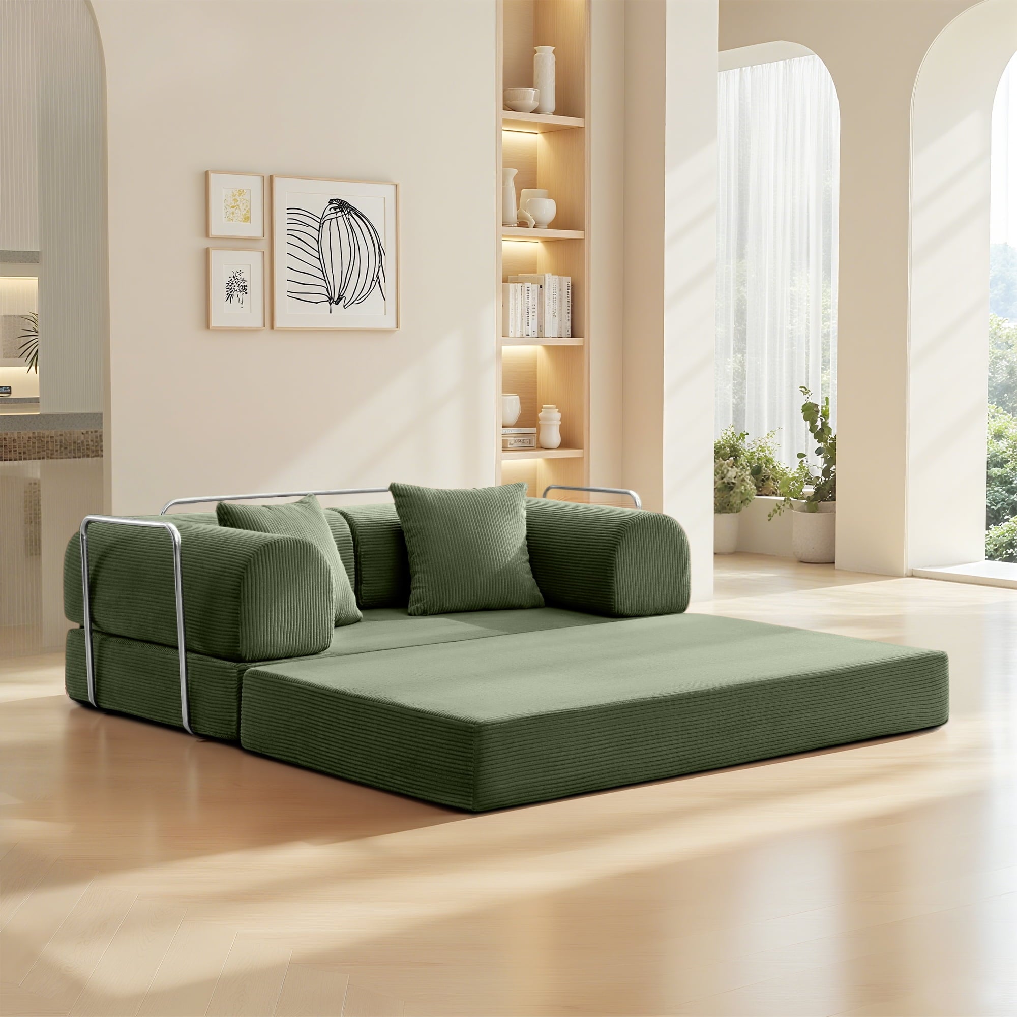 COOLHUT 63 W Combination Sofa, High Rebound Density Foam Sofa Couch, Two Forms Floor Couch Three Seats Sofa Bed for Living Room, Bedroom, Green