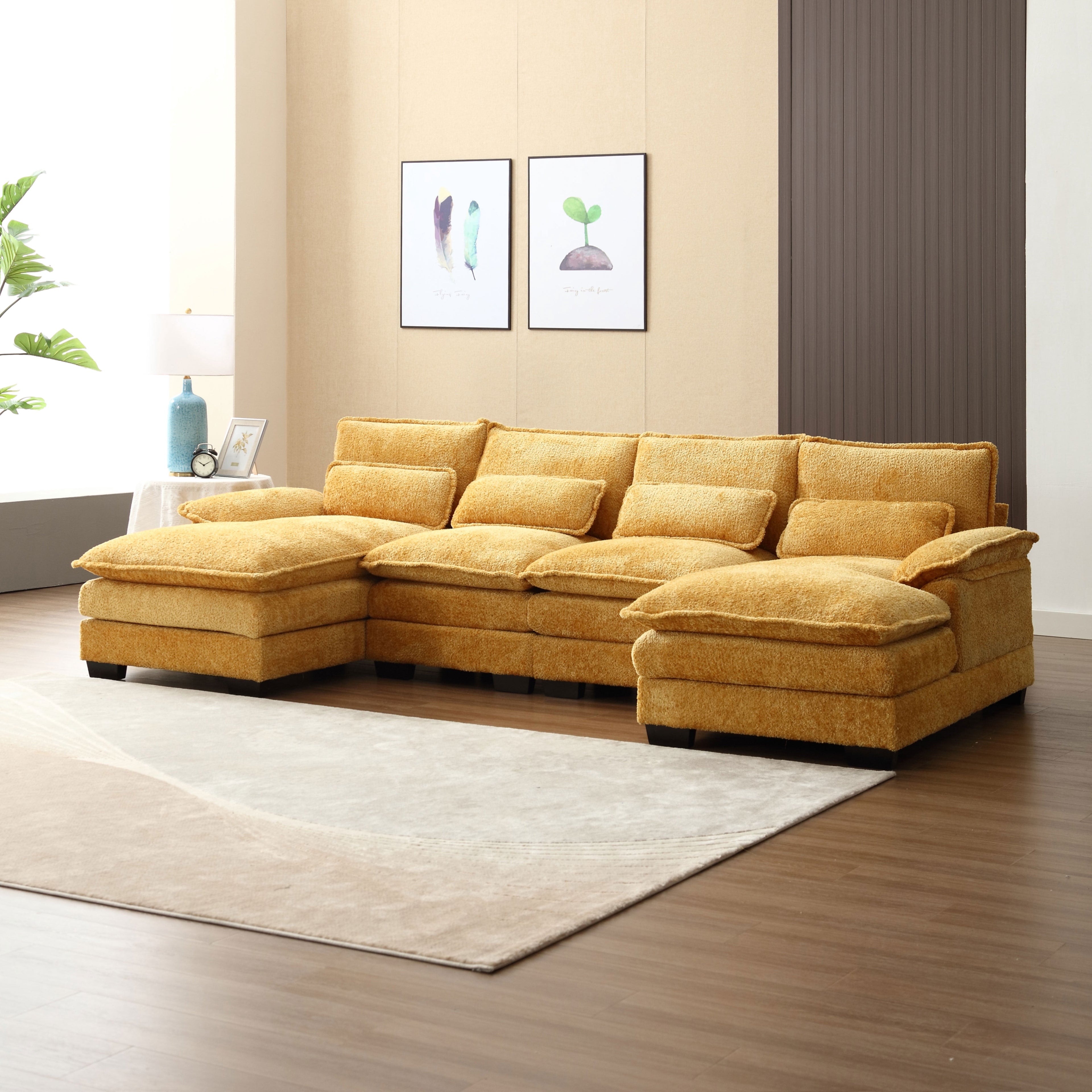 JONPONY109.45 U Shaped Couch,Oversized 4 Seat Sectional with 4 Waist Pillows, Convertible Upholstery Symmetrical Sofá,Sleeper Sofa Couch with Double Chaise Lounge &Memory Foam for Living Room, Beige